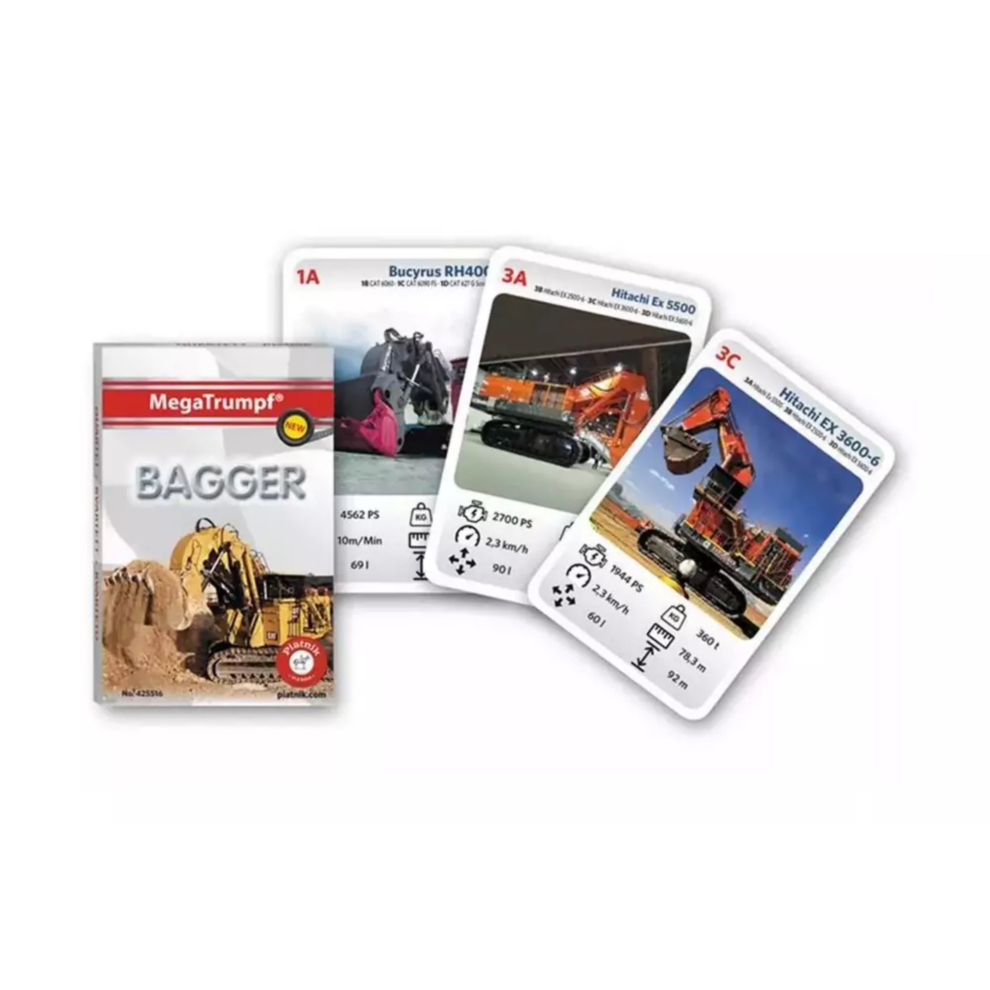 A képen a MegaTrumpf „Bagger” tematikus kártyajáték bontott változata látható. A doboz mellett három kártya is ki van terítve, rajtuk hatalmas munkagépek – többek között a Bucyrus RH400 és a Hitachi EX 5500 és EX 3600-6 – színes fotóival. Minden kártyán részletes műszaki adatok is szerepelnek, például teljesítmény (PS), sebesség (km/h), súly (t), és egyéb lenyűgöző paraméterek.