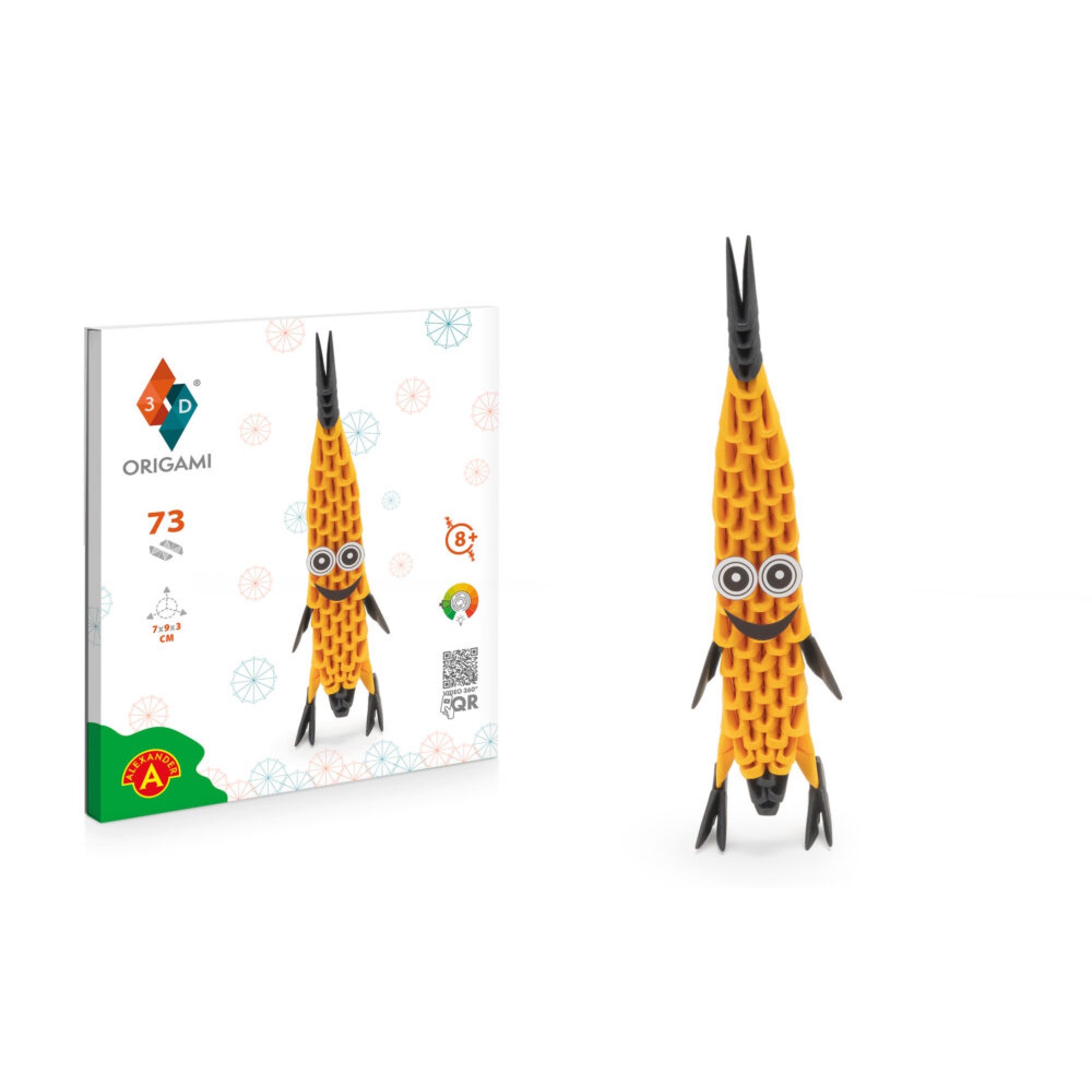 Alexander 3D Origami – Banán készlet doboza és az elkészült 3D origami banánfigura, részletesen kidolgozott elemekkel, gyerekeknek 8 éves kortól.