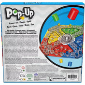 A Pop-Up társasjáték dobozának hátoldala, rajta a színes játéktábla képe, a szabályok több nyelven és a játék leírása látható.