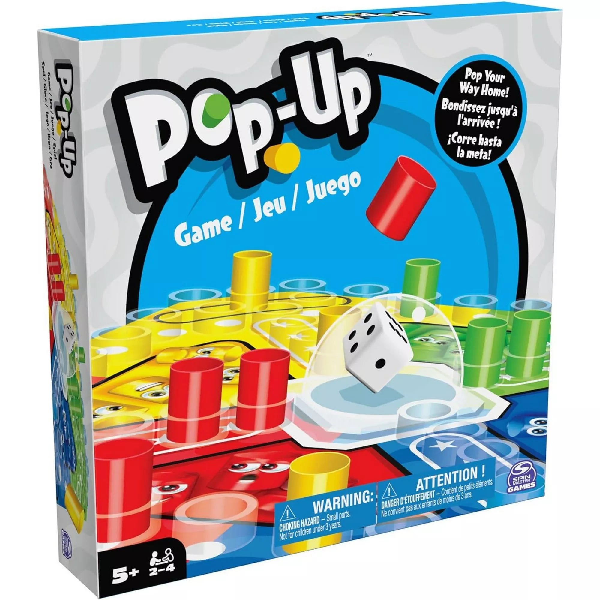 A Pop-Up társasjáték dobozának előlapja, amelyen a színes bábuk és a középen elhelyezett kockadobó látható, vidám grafikával és a játék logójával.