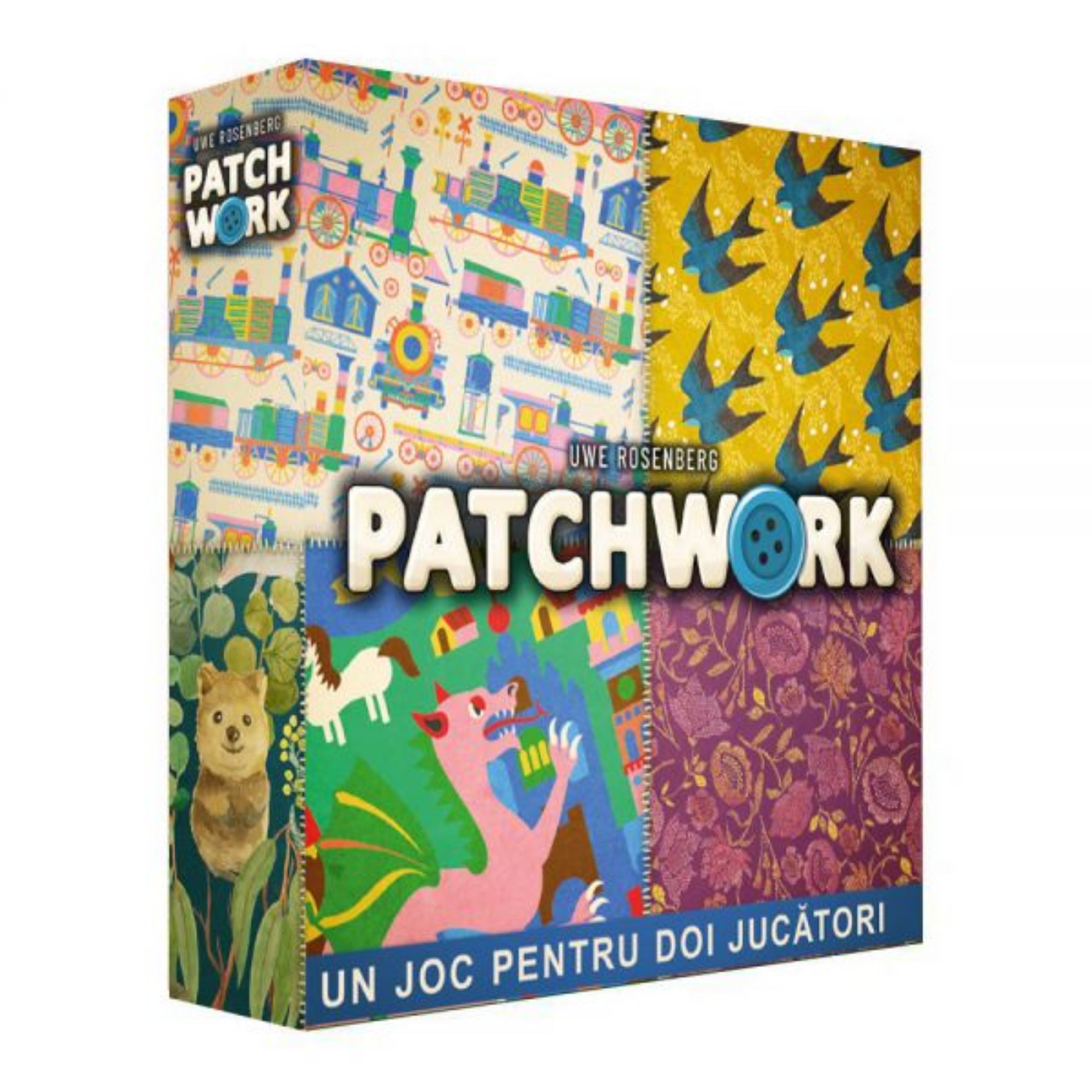A Patchwork társasjáték doboz eleje, színes textilmintákkal és a játék címével.