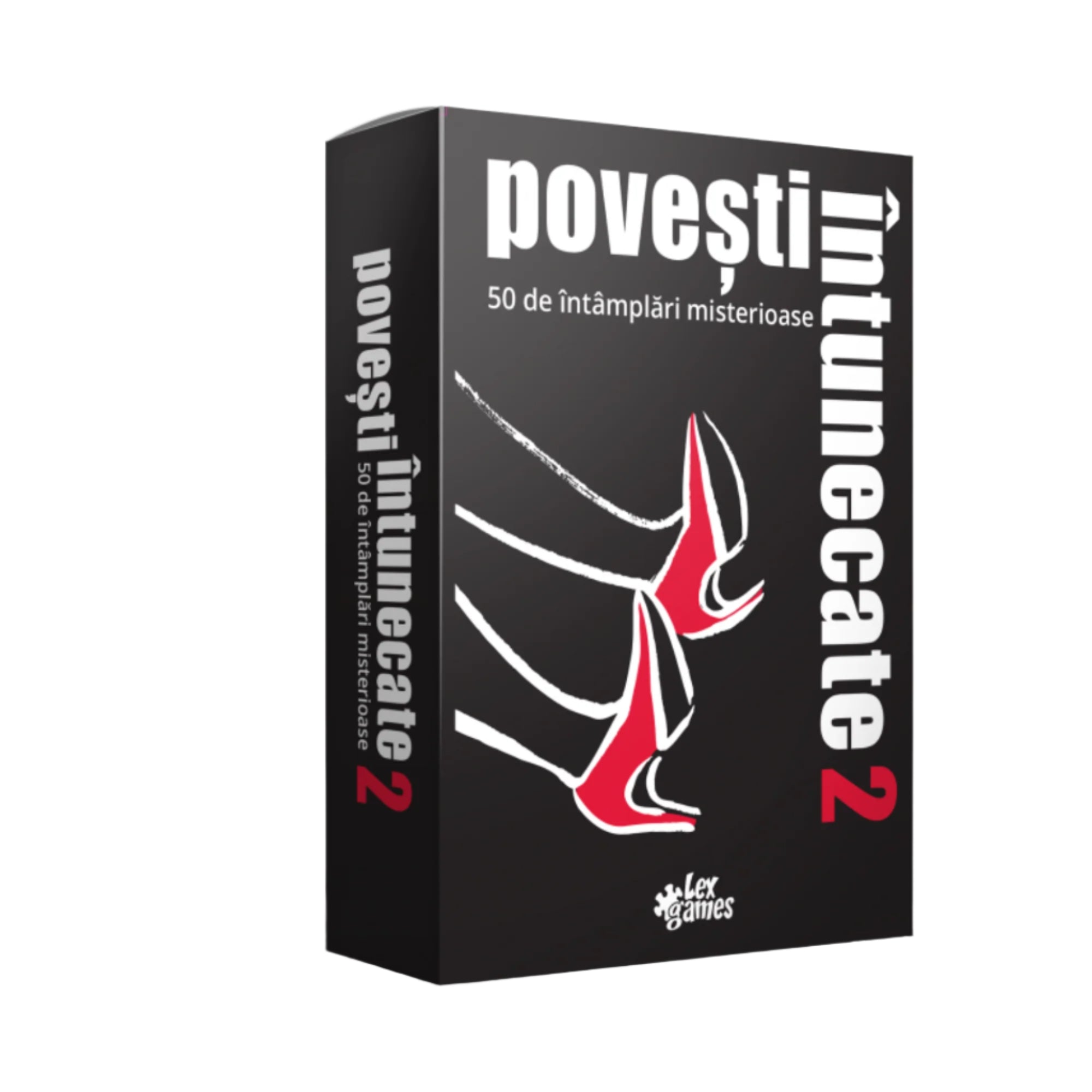 A Povești Întunecate 2 társasjáték doboza, fekete alapon vörös cipős lábnyomok illusztrációjával. A játék 50 rejtélyes és sötét történetet tartalmaz.