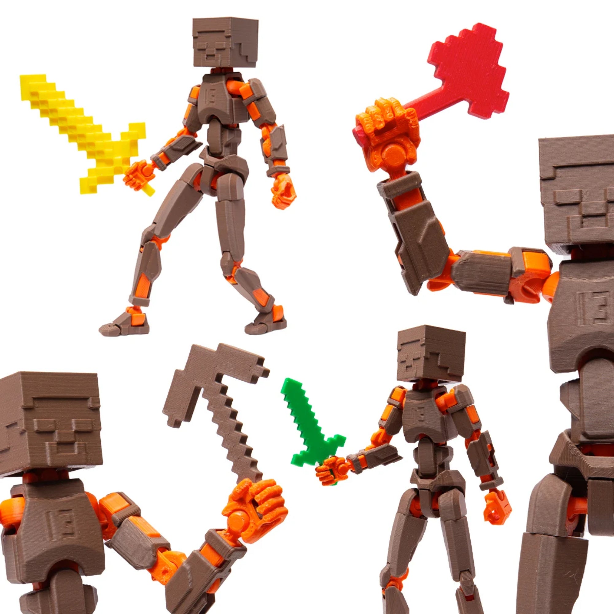 Minecraft-stílusú, 3D nyomtatott akciófigura különböző pózokban, különféle fegyverekkel.