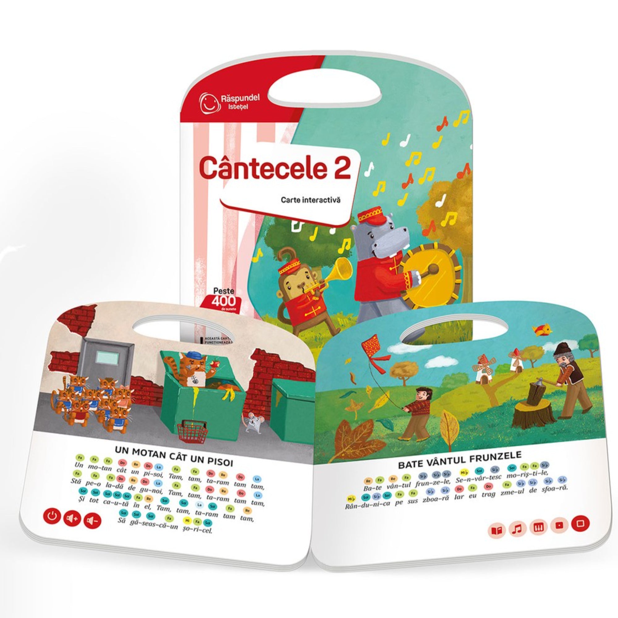 A „Cântecele 2” interaktív könyv két oldala, vidám illusztrációkkal és dalszövegekkel – az egyik oldalon cicák énekelnek, a másikon őszi tájban emberek sétálnak és sárkányt eregetnek.