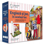 Răspundel Istetel – Engleză și joc, în același loc doboz vidám illusztrációval és interaktív tollal.
