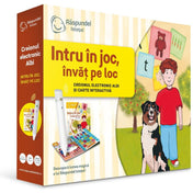 Răspundel Istetul – Intru în joc, învăț pe loc doboz – Az interaktív tanulókészlet doboza, rajta egy kisfiúval és kutyájával, valamint az elektronikus Albi tollal és a színes tanulókönyvvel.