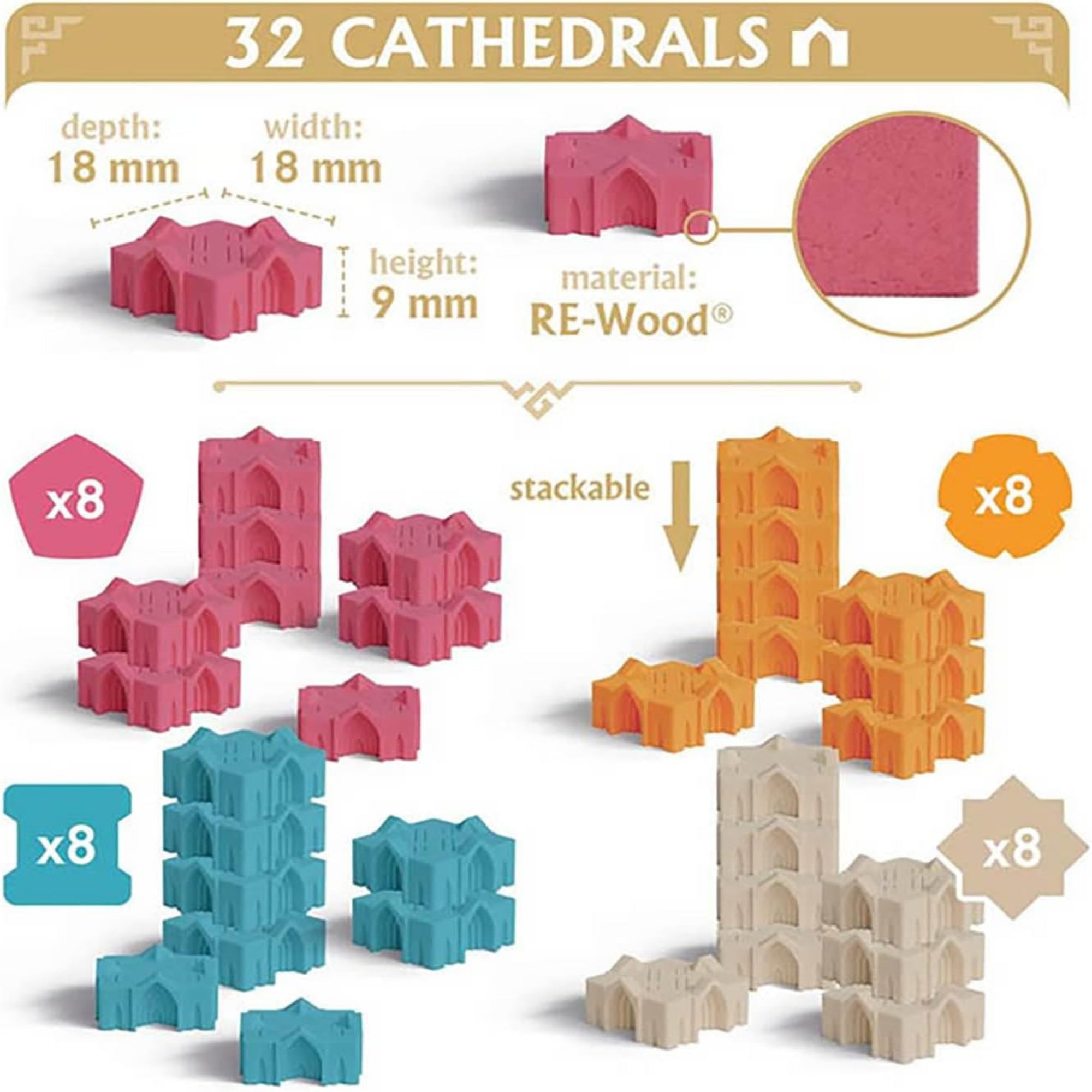 Egymásra helyezhető katedrális mini figurák a Rebirth játékból, RE-Wood® anyagból, négyféle színben, részletes kidolgozással.
