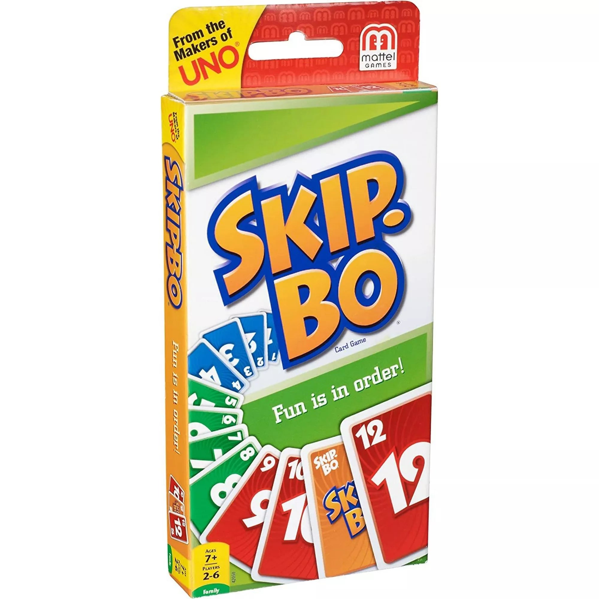 A Skip-Bo kártyajáték színes doboza, amelyen a játék logója, a Mattel Games márkajelzés és különböző számkártyák láthatók.