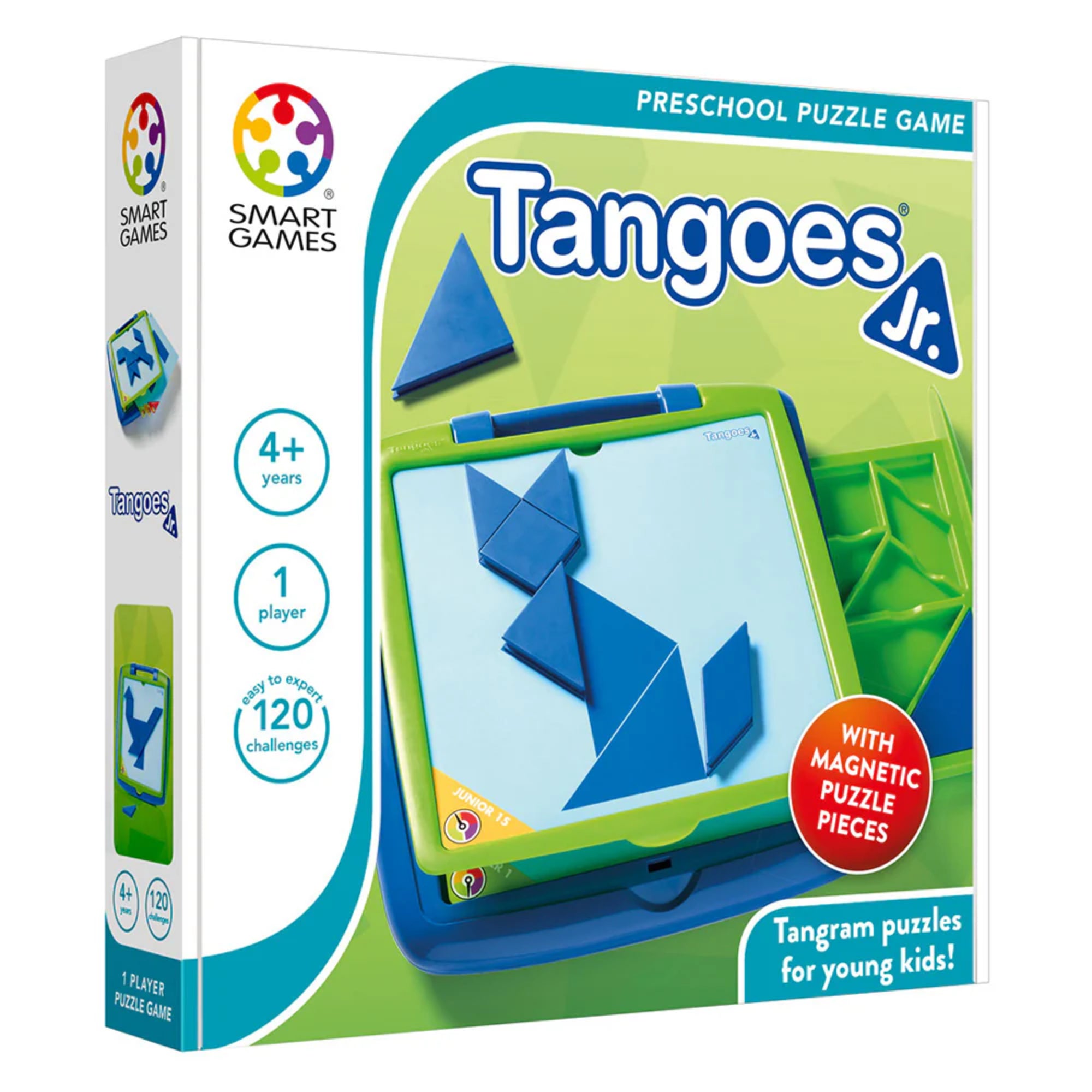 A képen a Tangoes Junior logikai játék doboza látható, amelyet a Smart Games készített. A doboz színes, figyelemfelkeltő dizájnnal rendelkezik, főként zöld és kék árnyalatok dominálnak. A középen elhelyezkedő tábla mágneses tangram elemeket tartalmaz, amelyek segítségével a gyerekek különféle formákat és állatokat rakhatnak ki. A bal oldalon található ikonok alapján megtudjuk, hogy a játék 4 éves kortól ajánlott, egy játékos számára készült, és 120 kihívást tartalmaz.