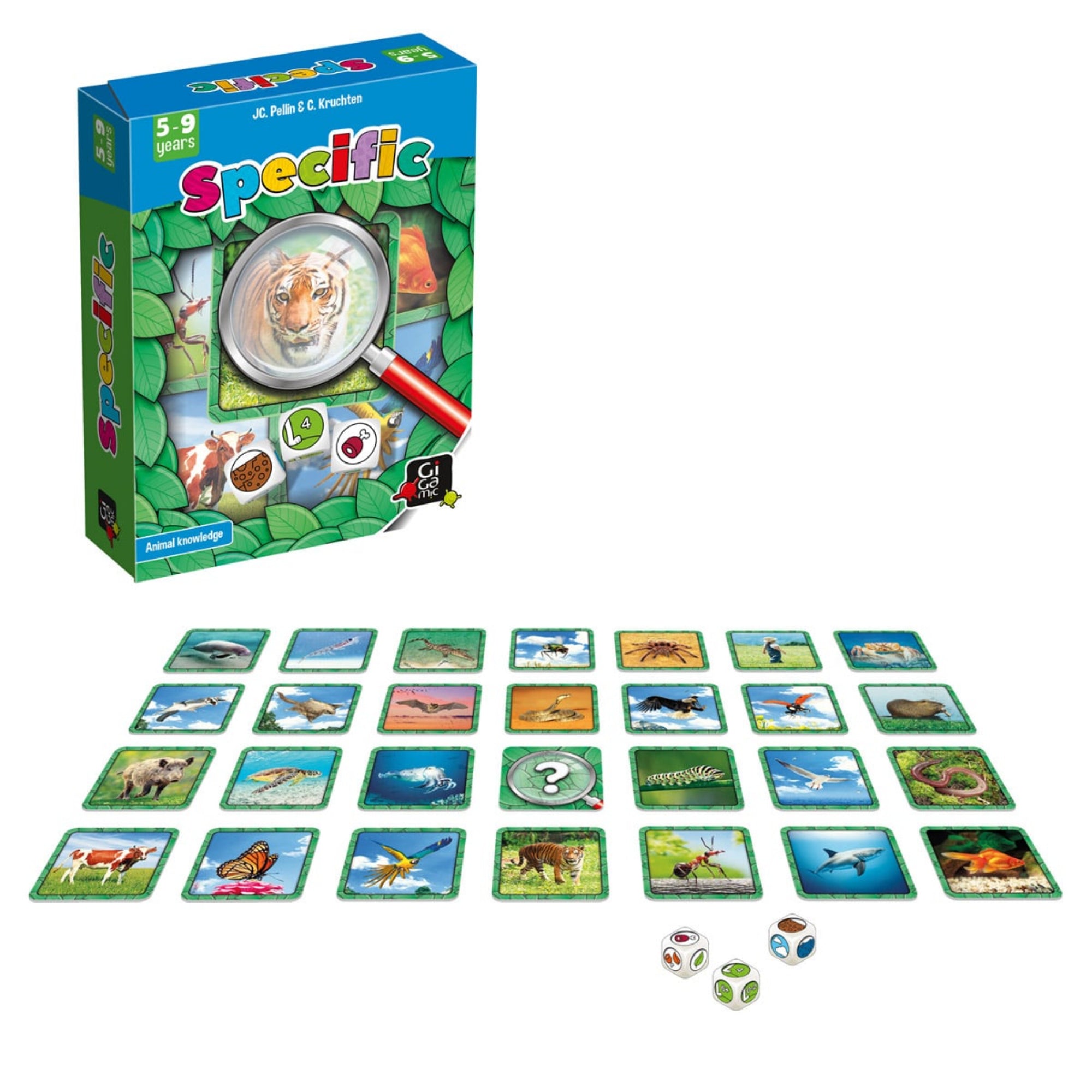 A Specific társasjáték doboza és a játékelemek, köztük állatos kártyák és dobókockák. Ismerd meg az állatok világát játékosan!