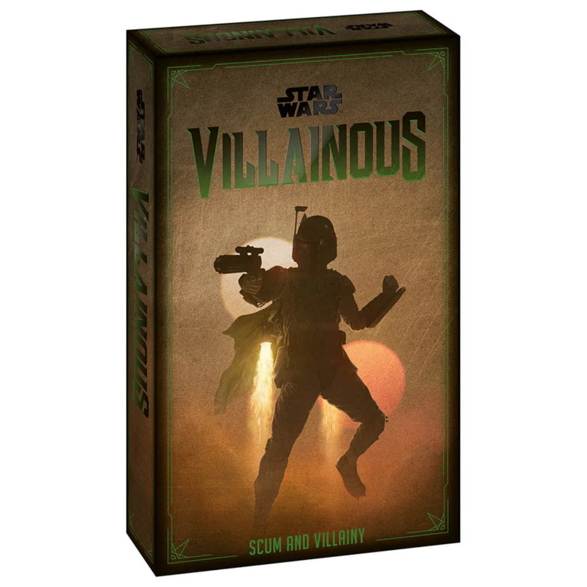 A képen a Star Wars: Villainous – Scum and Villainy társasjáték doboza látható. A doboz előlapján a híres fejvadász, Boba Fett sziluettje szerepel, amint épp jetpackjével a levegőbe emelkedik, egyik kezében fegyverrel. A háttérben a Tatuin bolygó ikonikus kettős naplementéje sejlik fel, ami a Star Wars univerzum rajongói számára azonnal felismerhető jelenet. A doboz zöld keretezést kapott, ami a Villainous sorozatra jellemző stíluselem.