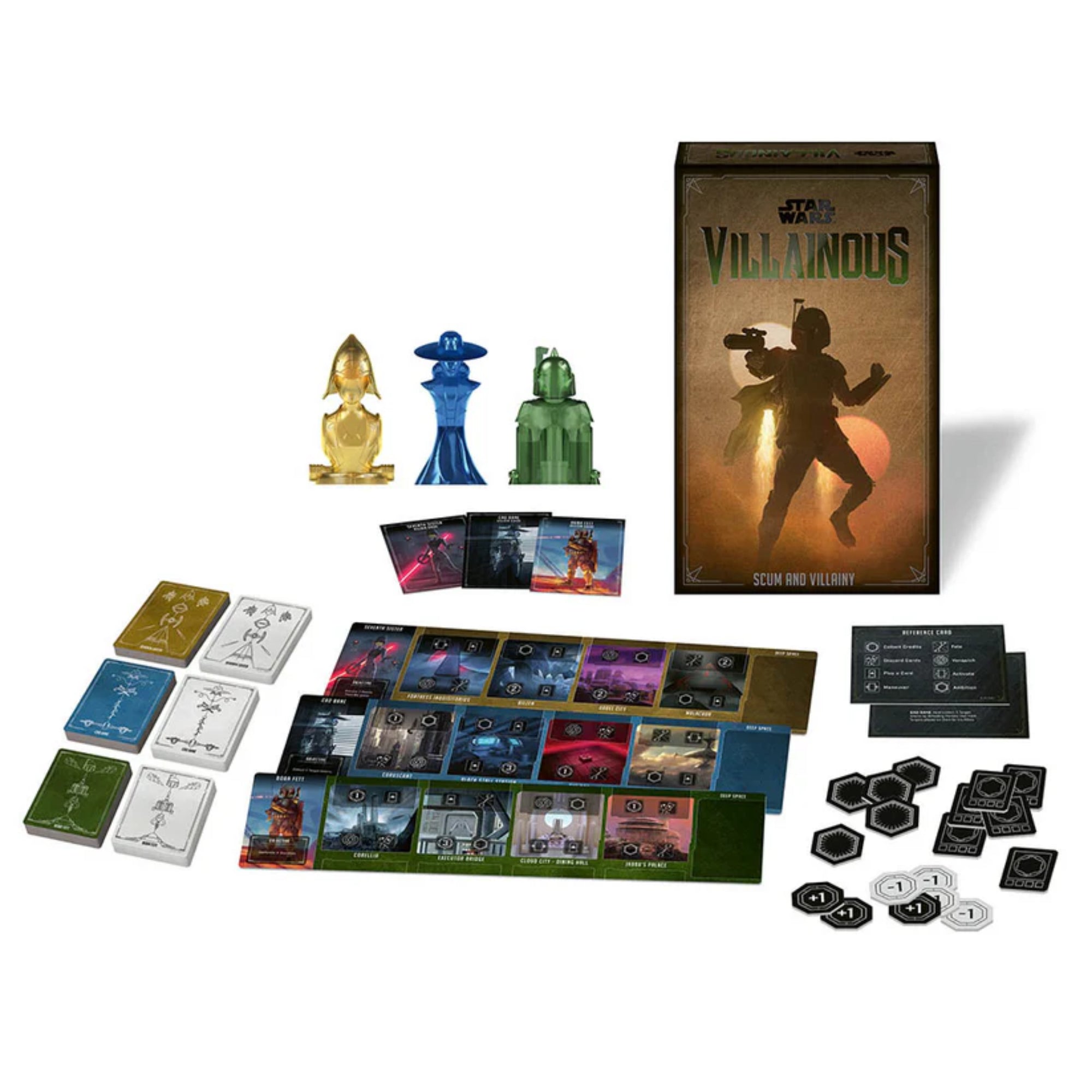 A képen a Star Wars: Villainous – Scum and Villainy társasjáték tartozékai láthatók kibontva. A doboz mellett három ikonikus, áttetsző műanyagból készült figura szerepel: Boba Fett zöldben, Cad Bane kékben és Leia hercegnő aranyszínű bűnözői alakban (valószínűleg egy alternatív karakter vagy kiegészítőből).
Az asztalon kártyapaklik, karakterlapok, különféle helyszíntáblák (mint például Cloud City, Coruscant, Tatooine) és egy halom jelzőlapka (hatás, pont, erőforrás stb.) terül el.