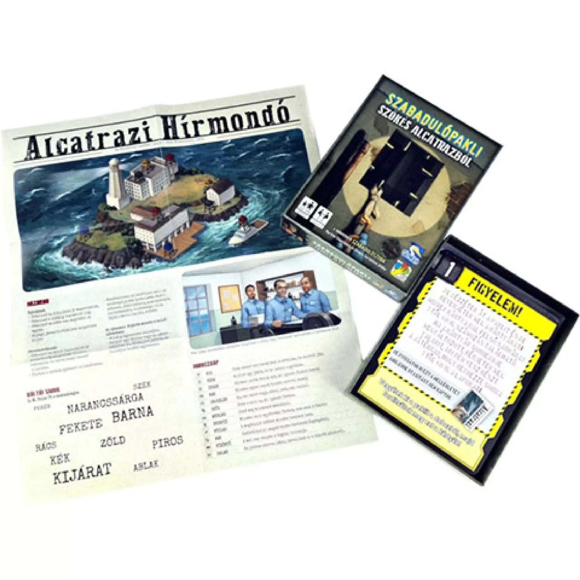 A Szabadulópakli – Szökés Alcatrazból társasjáték tartalma, köztük az Alcatrazi Hírmondó újságszerű játékelem, a doboz és a figyelmeztető kártyák, amelyek segítenek elmerülni a börtönből való szökés történetében.