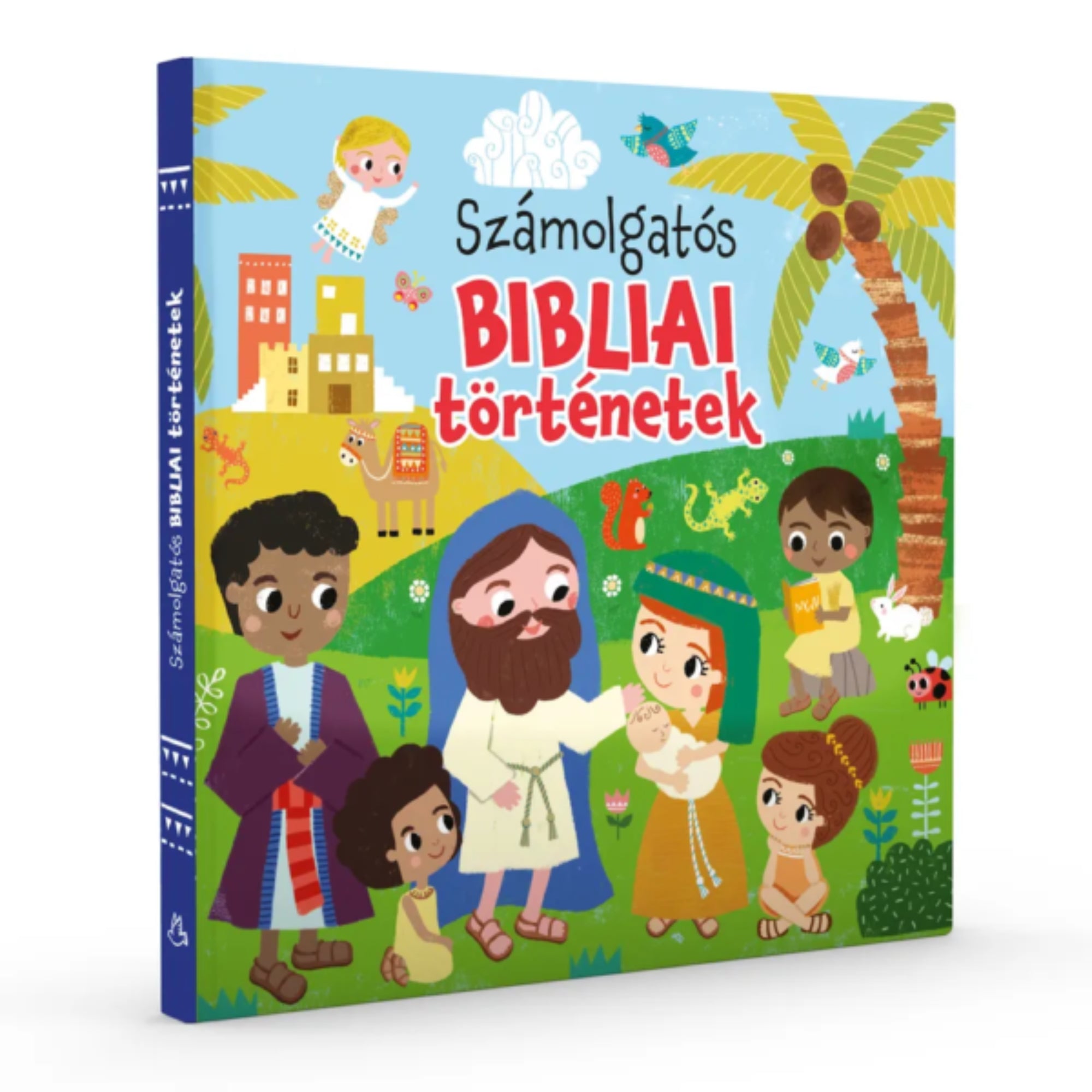 Számolgatós bibliai történetek” színes, illusztrált gyerekkönyv borítója, bibliai szereplőkkel, állatokkal és játékos tanulási jelenettel.