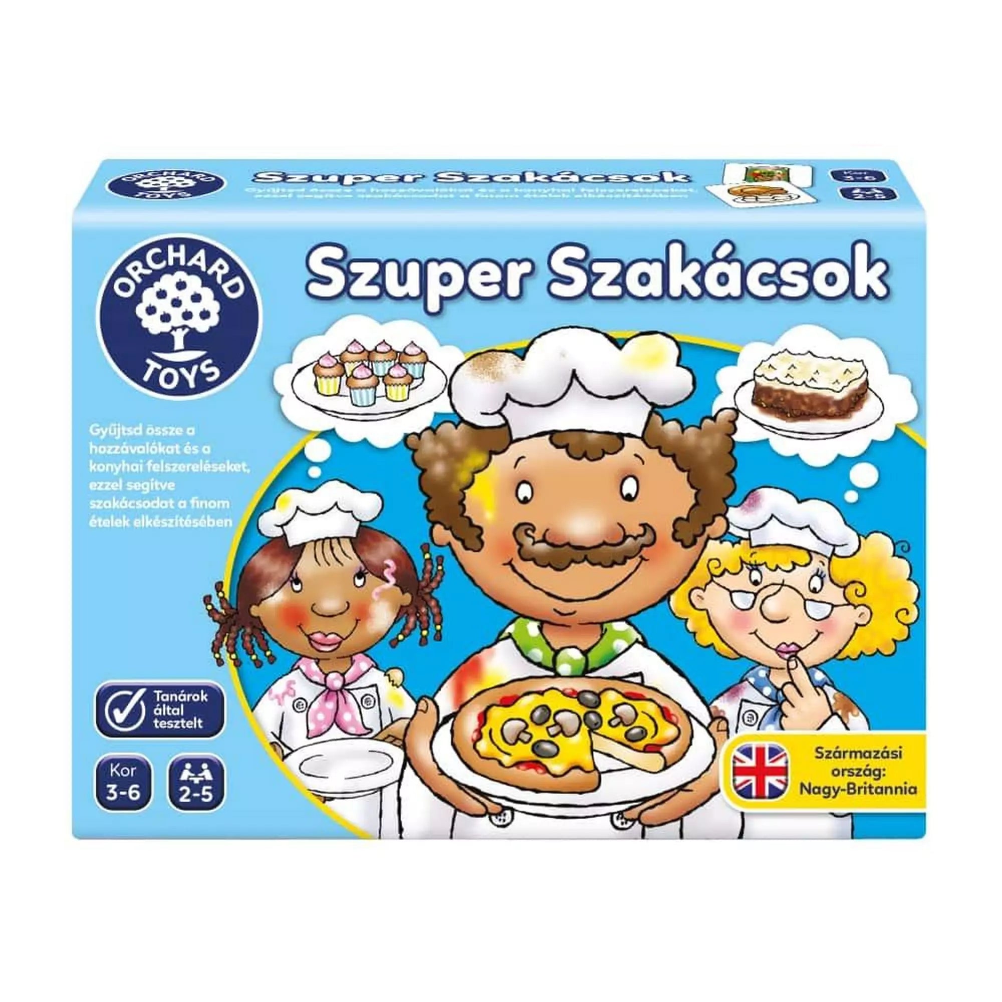 A Szuper Szakácsok társasjáték doboza vidám illusztrációkkal, a játék célja az ételek elkészítése hozzávalók és konyhai eszközök összegyűjtésével.