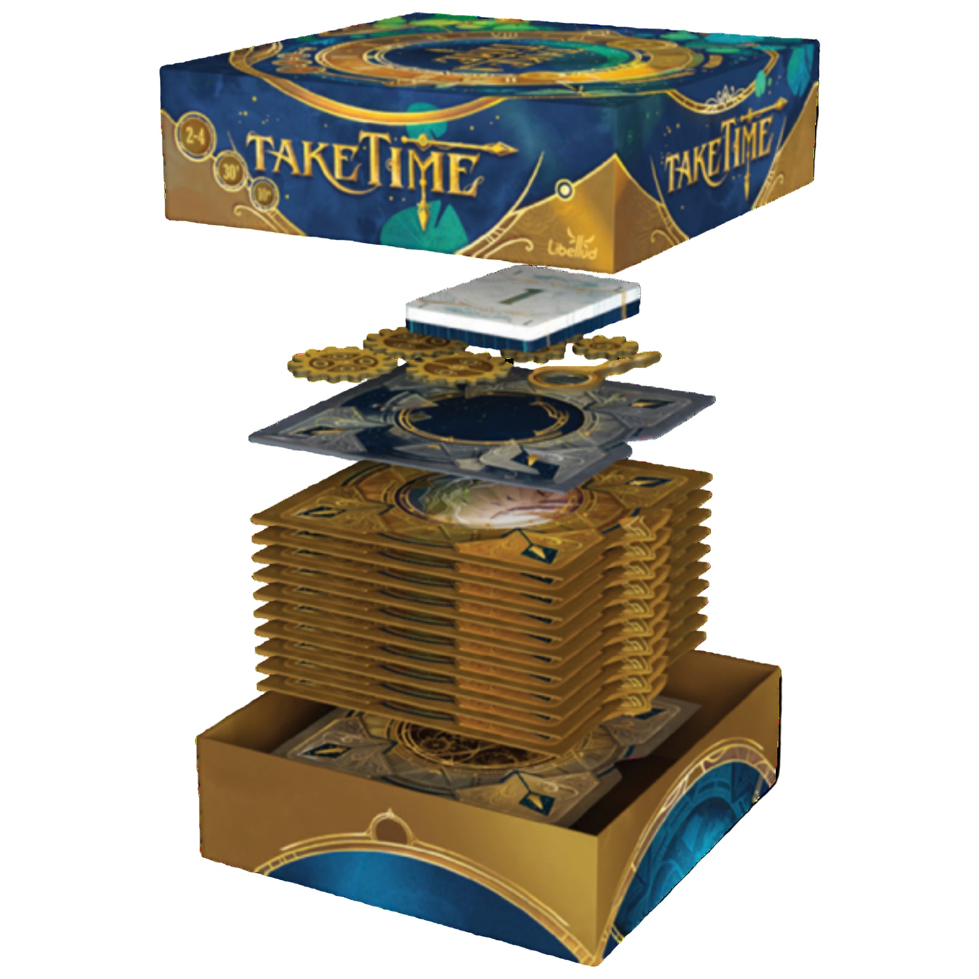 A Take Time társasjáték doboza felnyitva, rétegenként elrendezve mutatja a játékelemeket. Láthatók a kör alakú játéktáblák, kártyapaklik, valamint arany fogaskerék-szerű elemek, amelyek az idő múlását szimbolizálják. A belső dizájn arany-kék színvilágú, prémium megjelenésű.