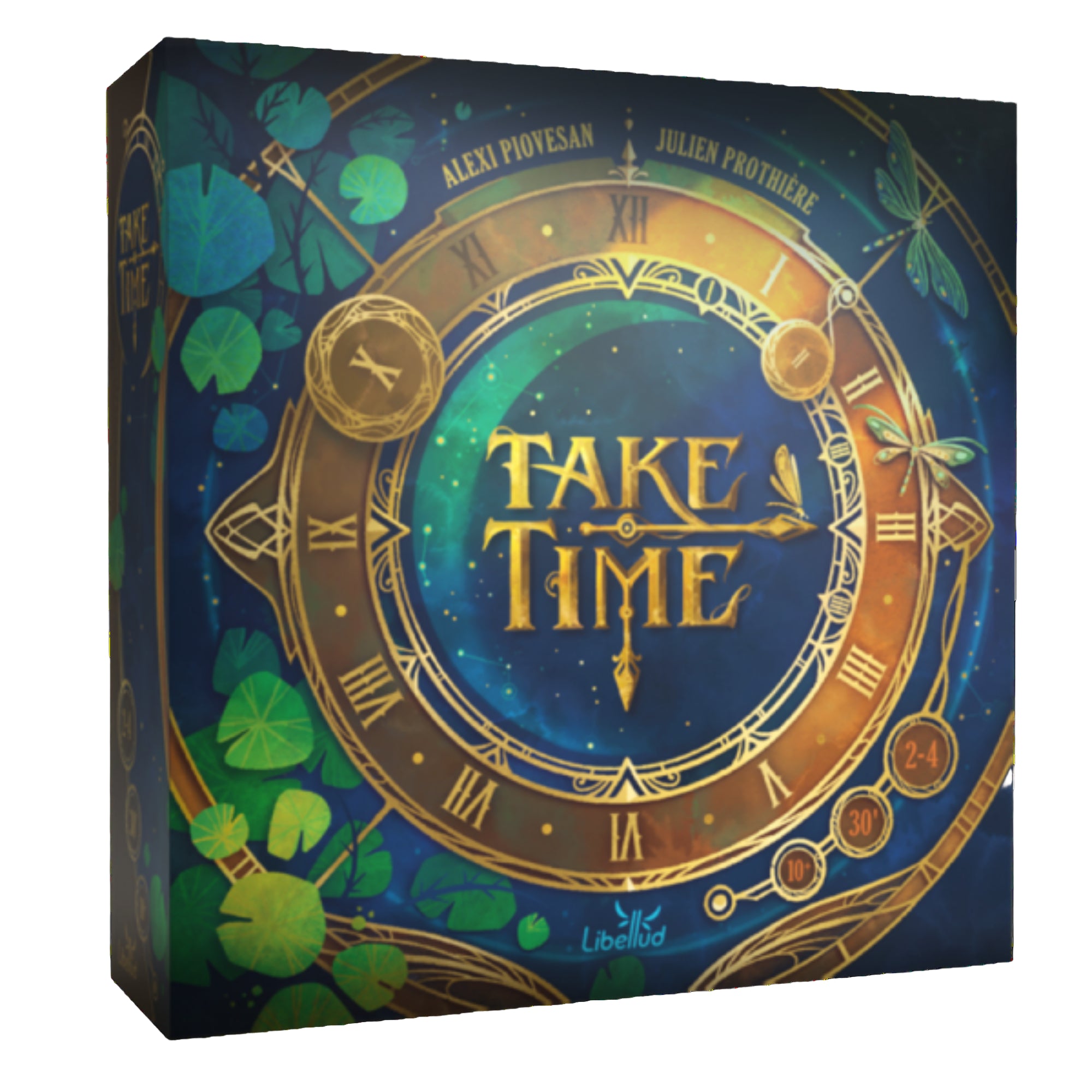 A Take Time társasjáték elegáns, sötétkék és arany színekben pompázó doboza látható. A borítón egy díszes, arany keretű óraszámlap szerepel, amelyen szitakötők és lóherék díszítik az időt jelképező motívumot. A cím arany betűkkel olvasható középen, a szerzők neve – Alexi Piovesan és Julien Prothière – a felső íven jelenik meg.