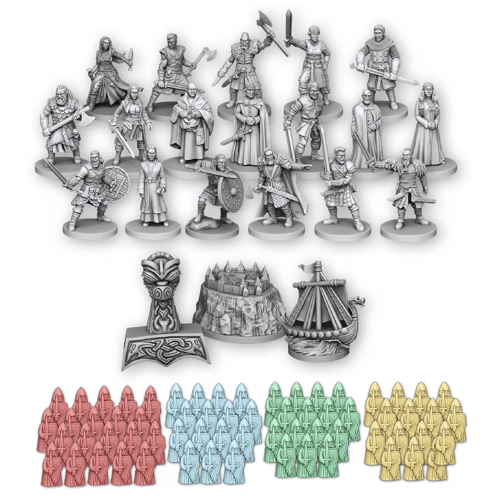 A The Last Kingdom társasjáték részletes minifigurái, köztük 18 karakterfigura, viking hajó, erődítmény és különböző színű katonai egységek. A figurák a középkori hadvezéreket és harcosokat ábrázolják aprólékos kidolgozással.