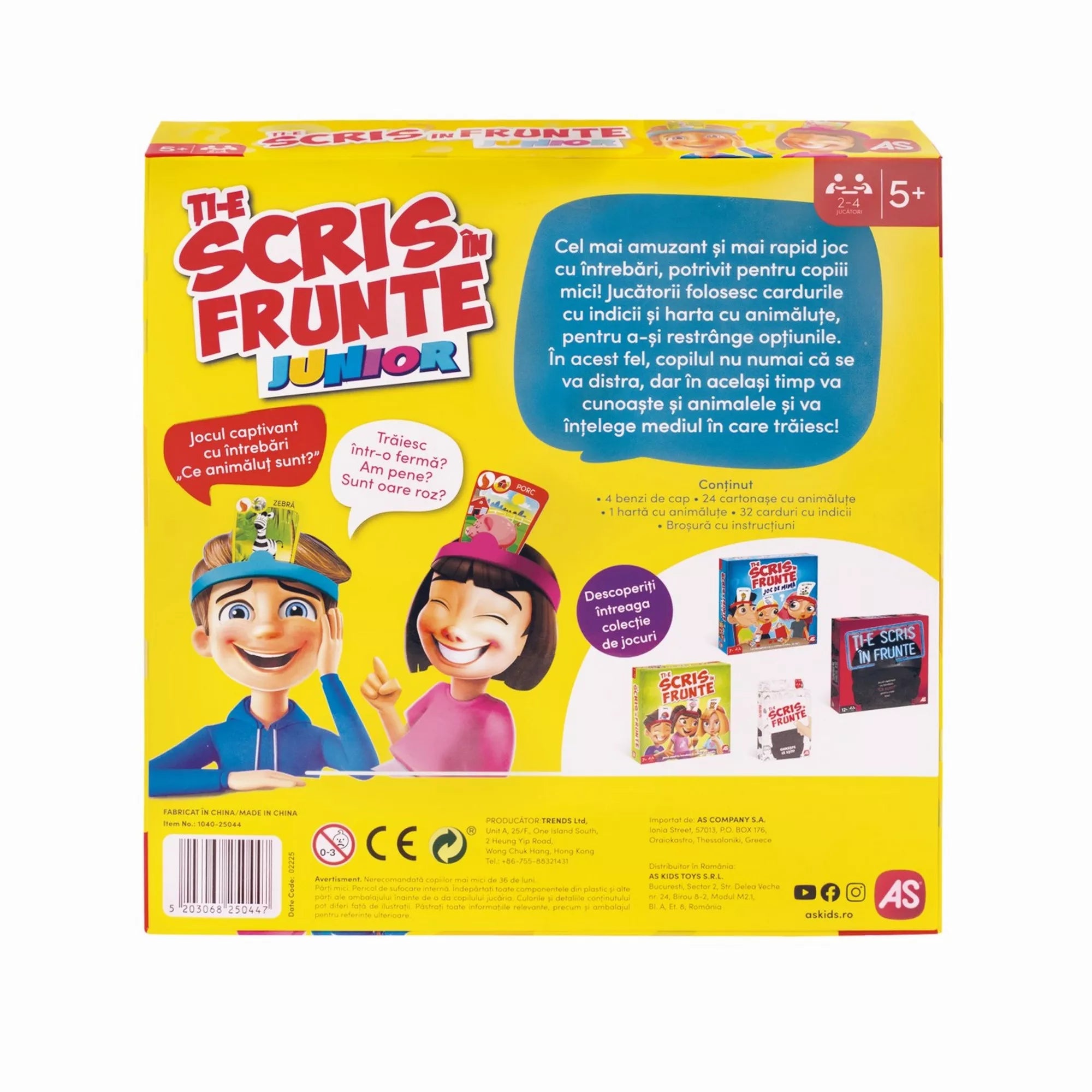 A Ți-e scris în frunte Junior társasjáték dobozának hátoldala, leírással a játék működéséről, a tartalomról és a gyerekeknek szánt oktatási célokról.