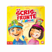 A Ți-e scris în frunte Junior társasjáték sárga doboza, rajta két mosolygó gyerek, akik fejpántot és állatkártyát viselnek a homlokukon, valamint a játék logója.