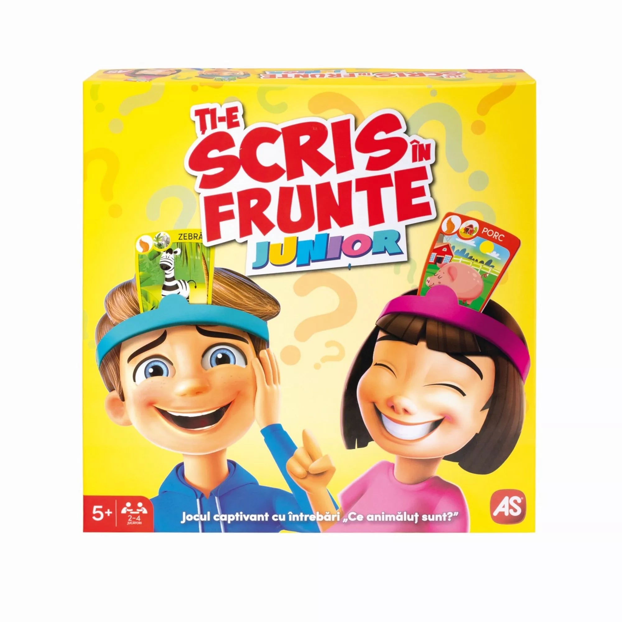 A Ți-e scris în frunte Junior társasjáték sárga doboza, rajta két mosolygó gyerek, akik fejpántot és állatkártyát viselnek a homlokukon, valamint a játék logója.