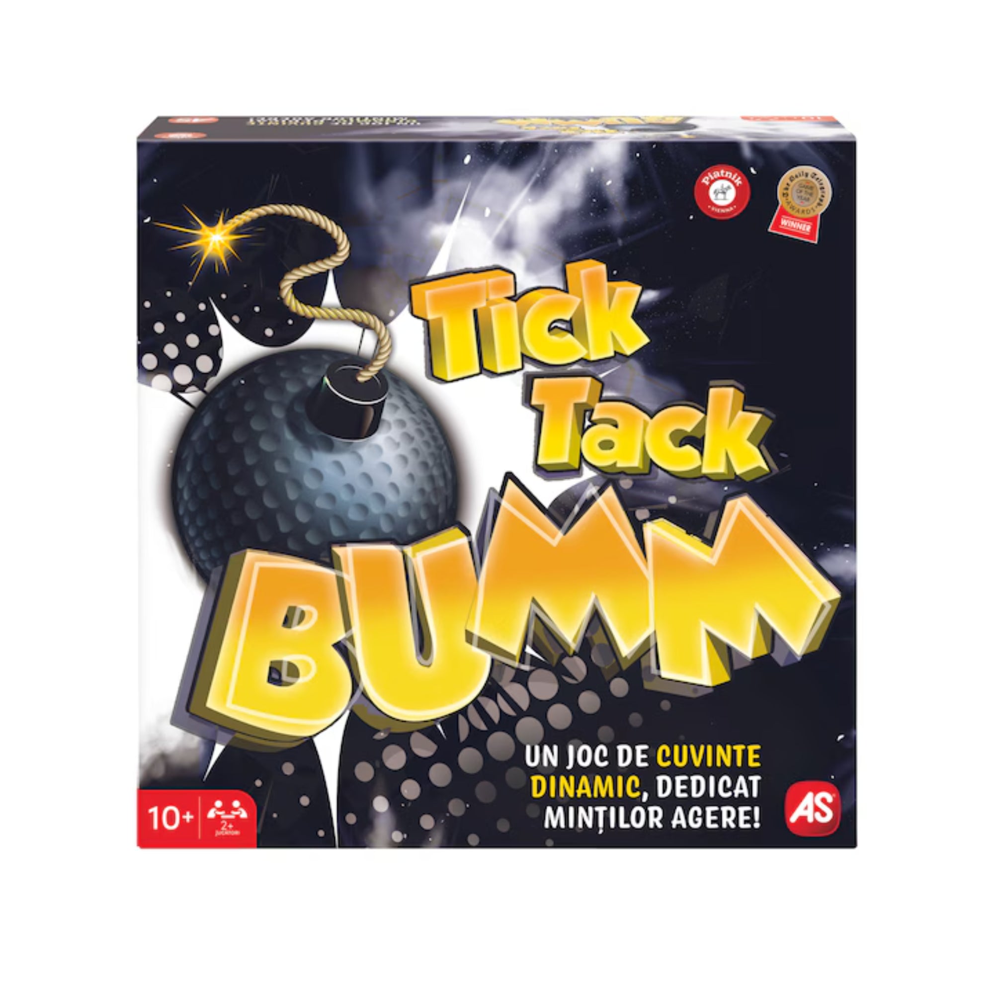 A Tick Tack Bumm társasjáték doboza látványos fekete-sárga dizájnnal, középen egy rajzolt bomba motívummal és a játék logójával, amely dinamizmust sugall.