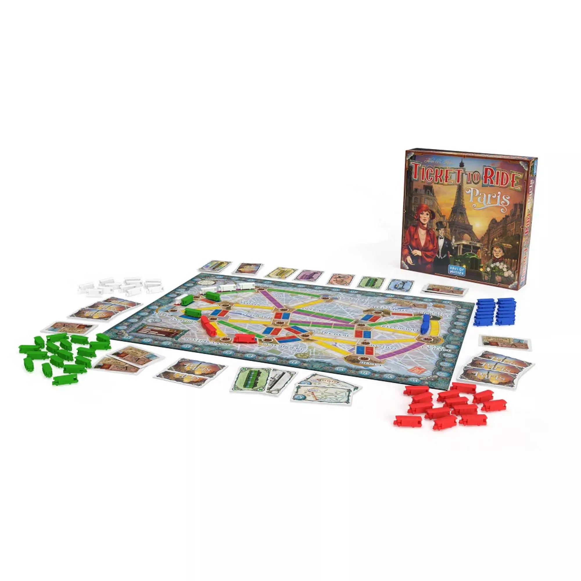 A Ticket to Ride: Paris társasjáték teljes készlete: tábla, kártyák, buszfigurák és doboz együtt.