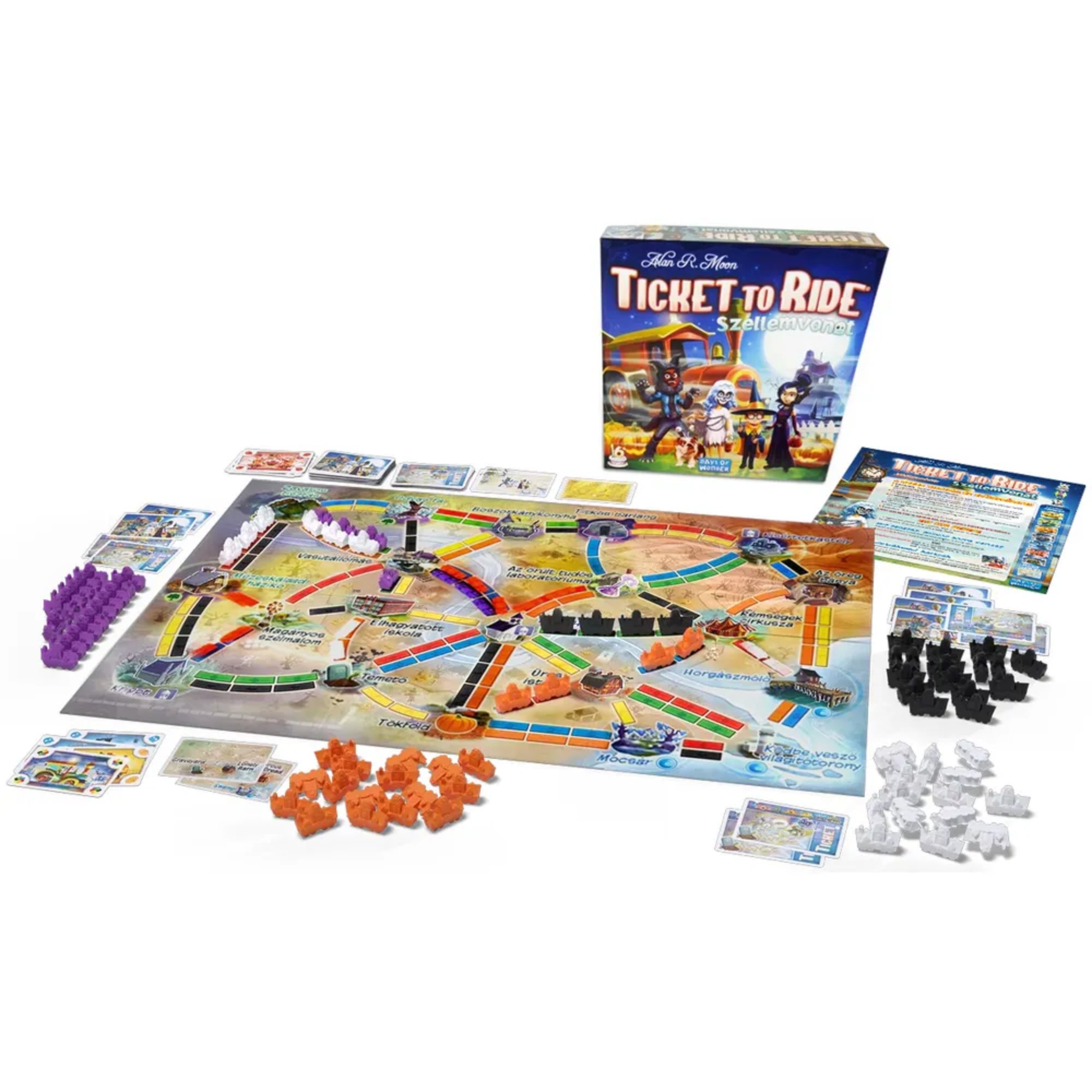 A Ticket to Ride: Szellemvonat kiterített játéktáblája a színes vonatfigurákkal, jegykártyákkal és a dobozzal a háttérben.