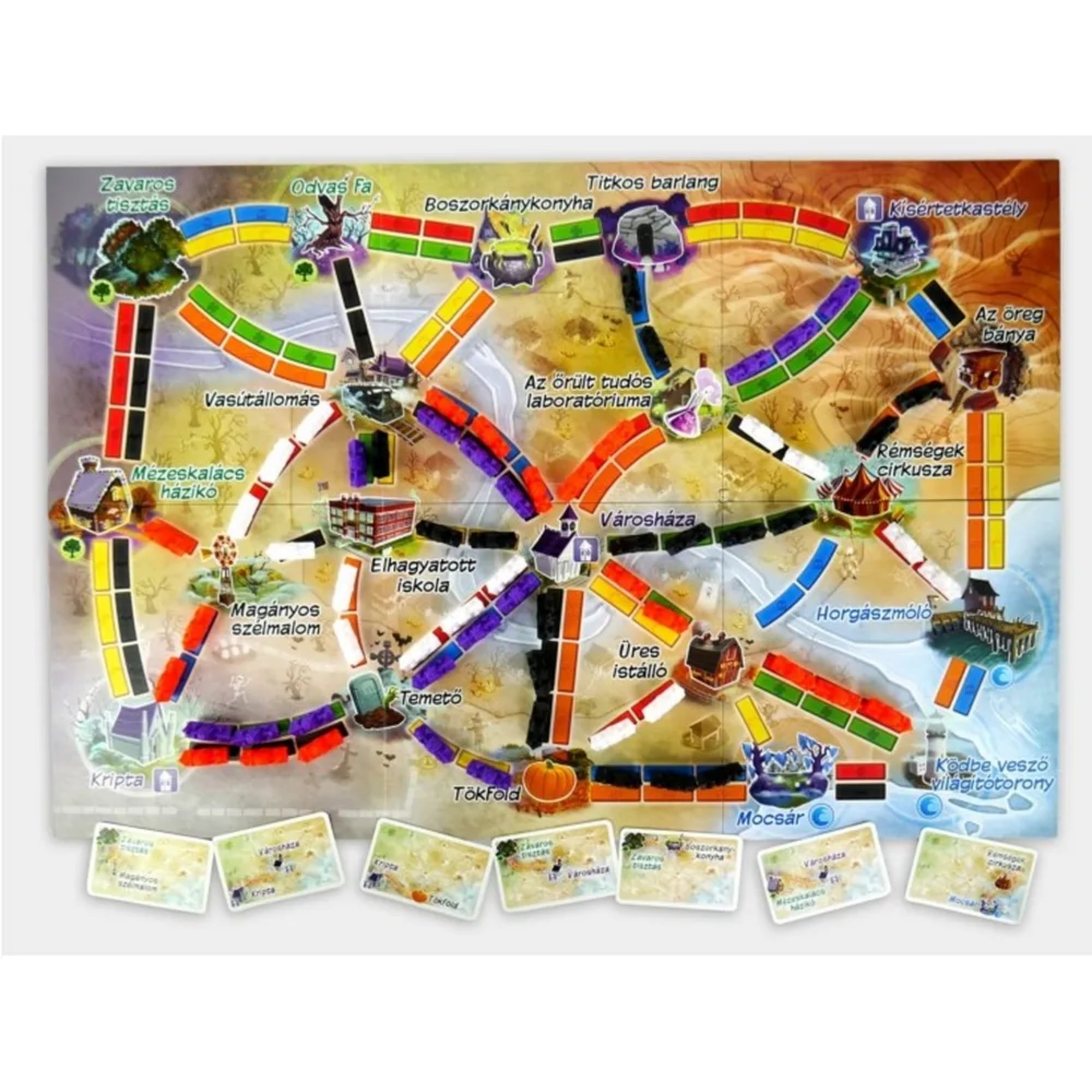 A Ticket to Ride: Szellemvonat játéktáblája közelről, különböző Halloween témájú helyszínekkel, mint Tökföld, Kísértetkastély és Mézeskalács házikó.