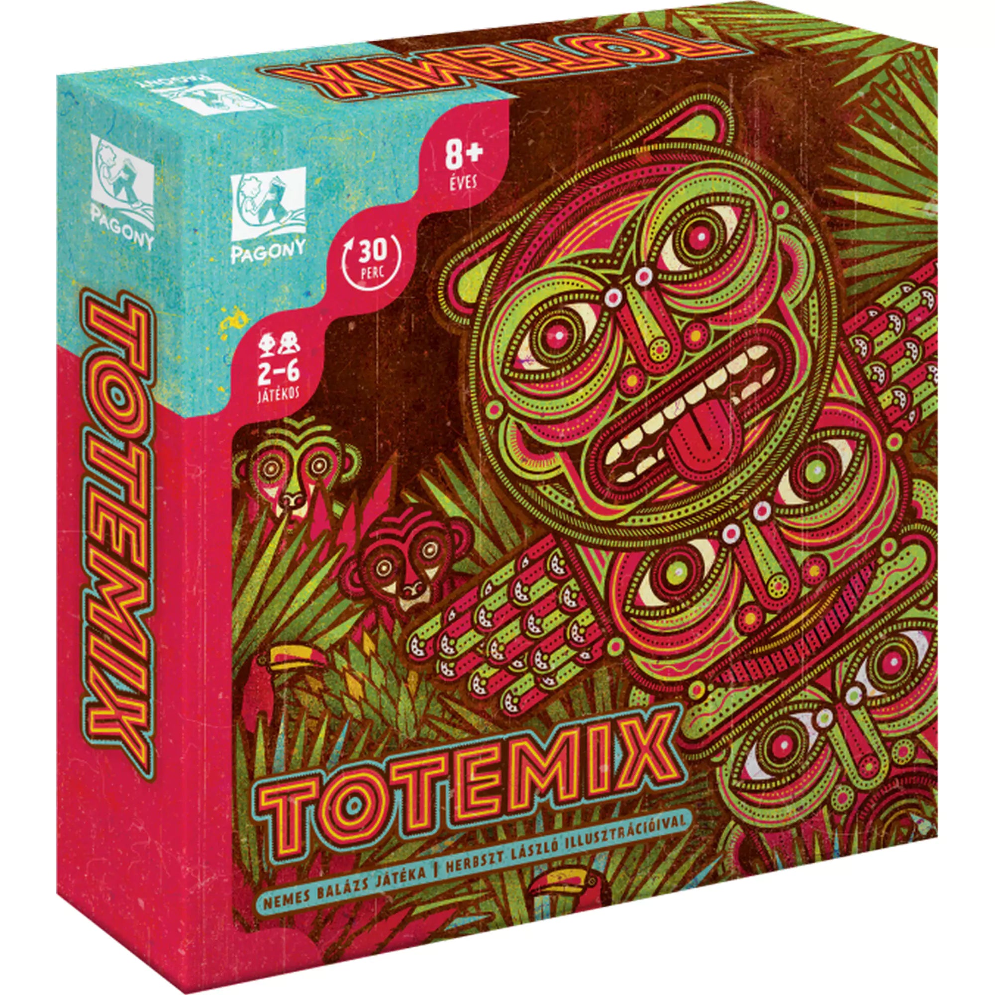 A Totemix társasjáték színes, domborműves mintázatú doboza, középen egy stilizált totemarc, háttérben dzsungelmintás grafikával.