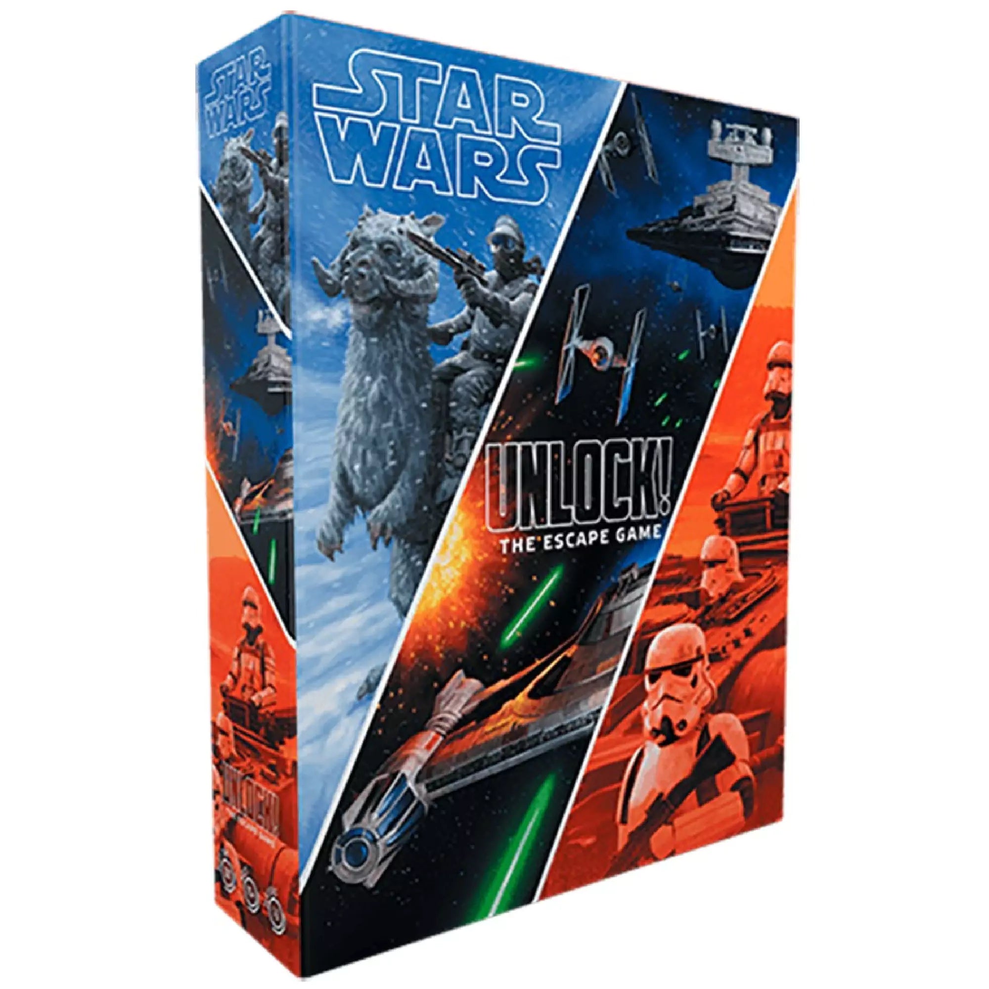 Az Unlock! Star Wars: The Escape Game társasjáték doboza, látványos grafikával: bal oldalon Hoth bolygó, középen űrcsata, jobb oldalon rohamosztagosok.
