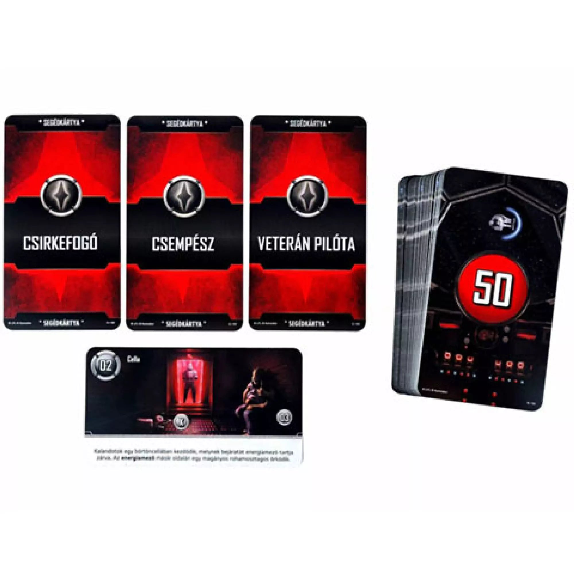 Az Unlock! Star Wars: The Escape Game játékkártyái: három segédkártya (Csirkefogó, Csempész, Veterán pilóta), egy történetkártya és egy nagy pakli játékkártya, Star Wars témában.