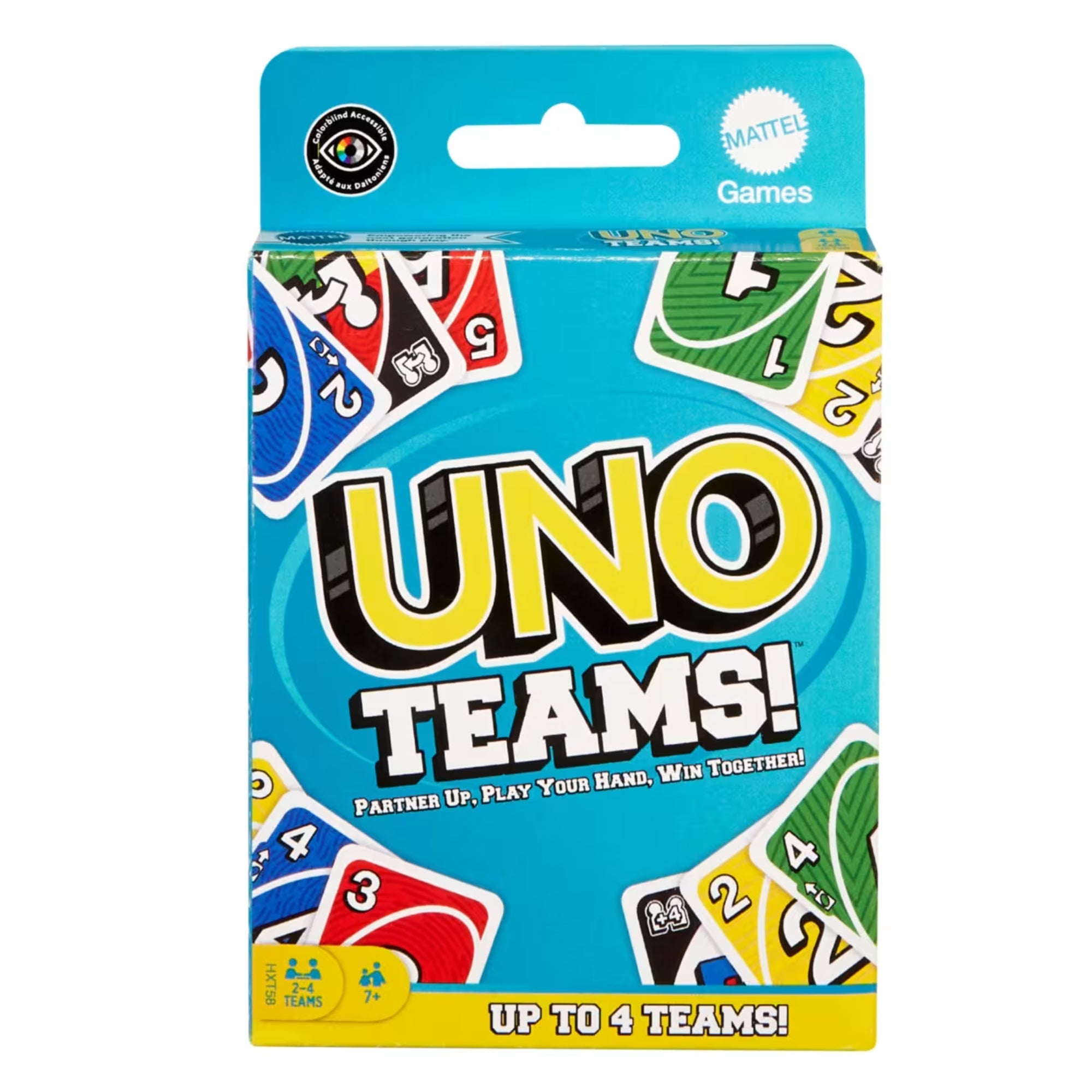 UNO Teams! társasjáték doboza kék háttérrel, színes kártyalapokkal és a Mattel Games logóval.