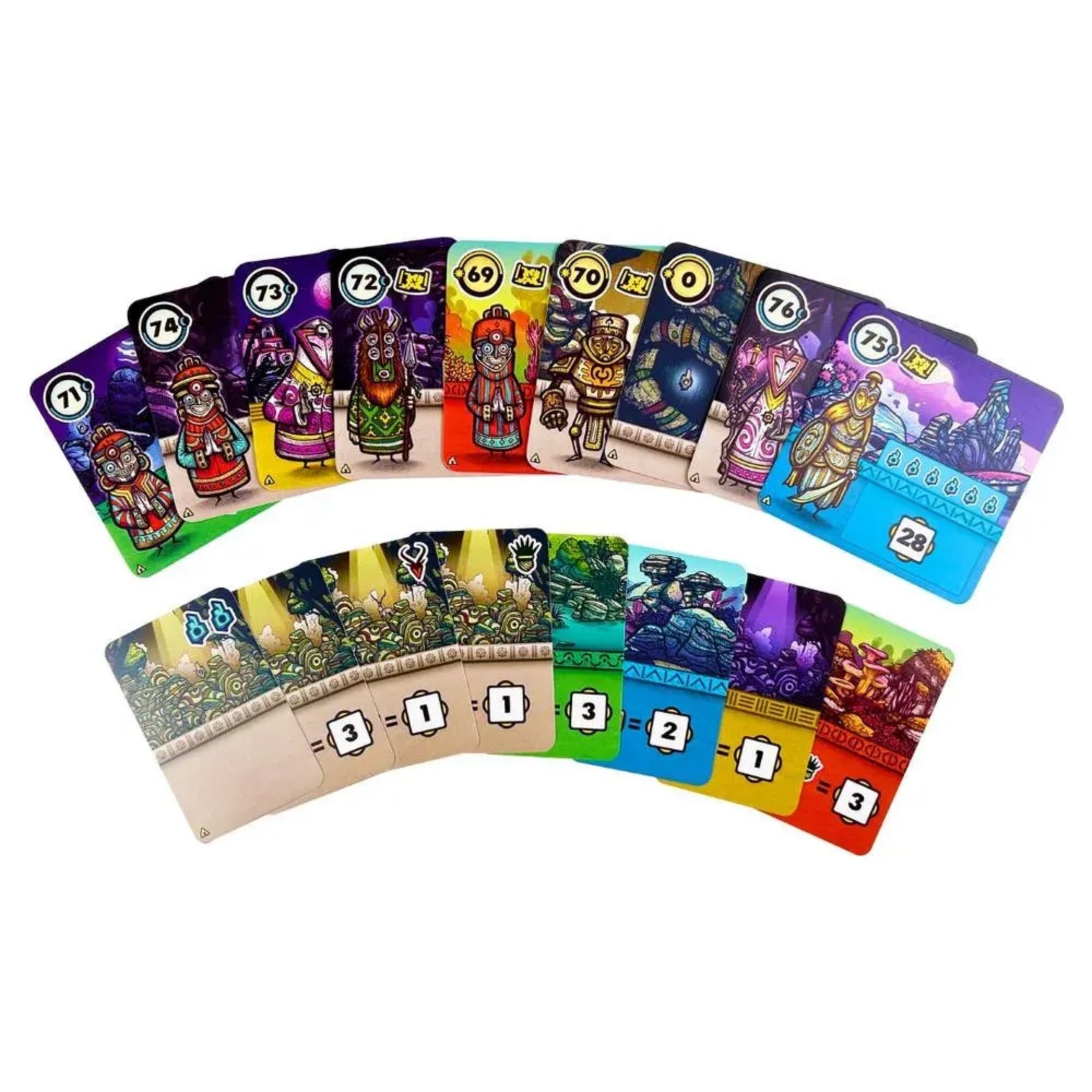 Vándortáj: Mélyvidék kiegészítő színes kártyái, különböző illusztrált karakterekkel, szentélyekkel és pontértékekkel, gazdag, részletgazdag grafikával.