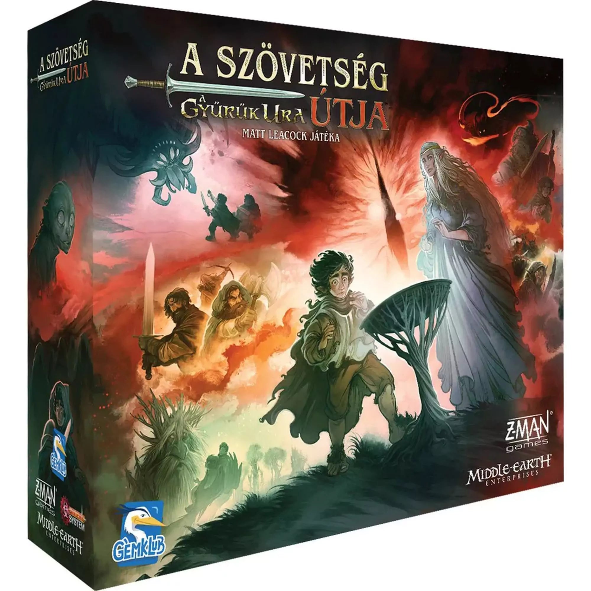 „A Szövetség útja – A Gyűrűk Ura társasjáték doboza epikus illusztrációval, amelyen a Gyűrű Szövetségének tagjai, Szauron szeme és Középfölde ikonikus alakjai láthatók, sötét és varázslatos hangulatban.”