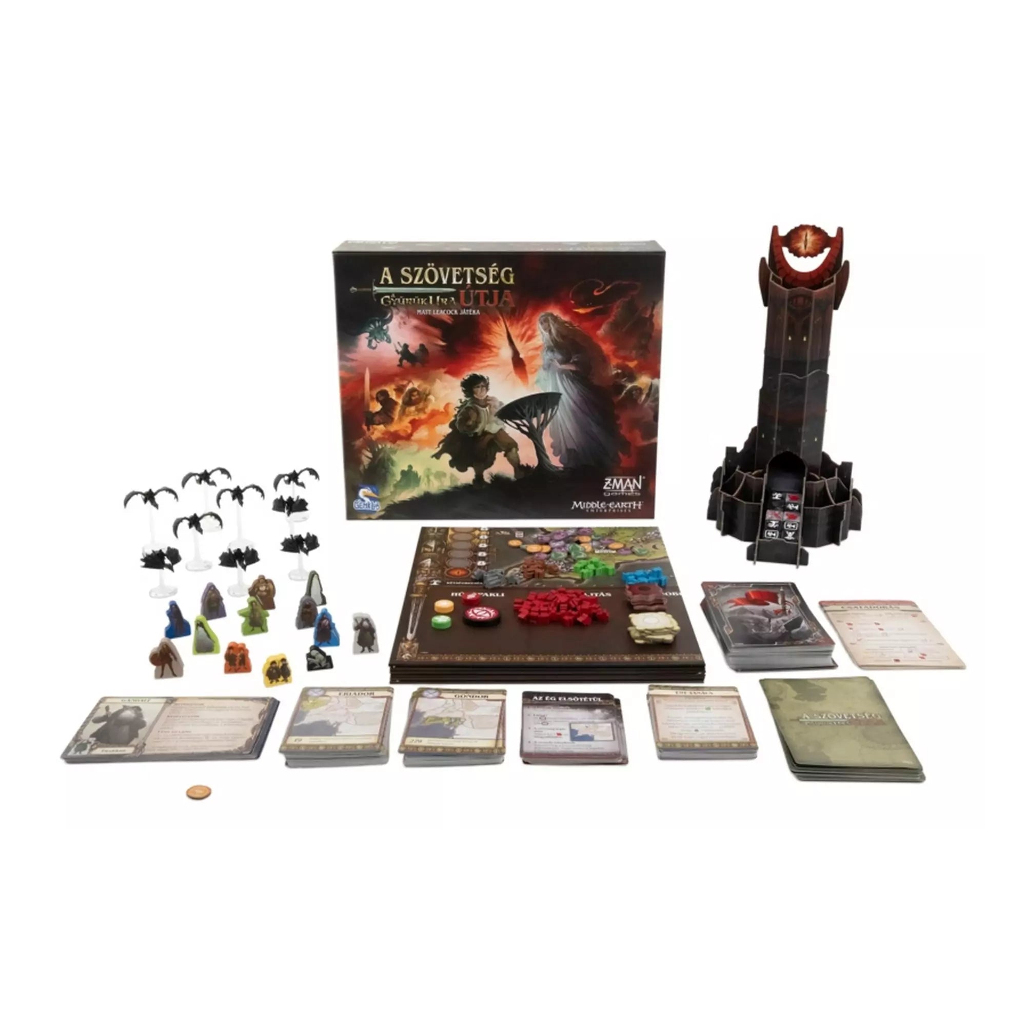 A Gyűrűk Ura: A Szövetség útja társasjáték teljes tartalma, köztük a játéktábla, karakterkártyák, figurák, Barad-dûr kockatorony és kiegészítők.