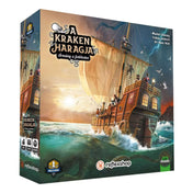A Kraken haragja társasjáték dobozának eleje, látványos tengeri csatajelenettel, egy kalózhajóval és a mélyből támadó Kraken tentákulumával.