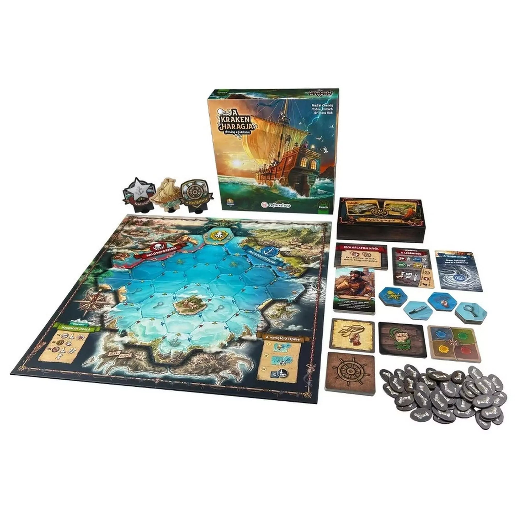A Kraken haragja társasjáték teljes tartalma kiterítve: játéktábla, kártyák, zsetonok, karton jelölők, dobozfedél és a társasjáték doboza a háttérben.