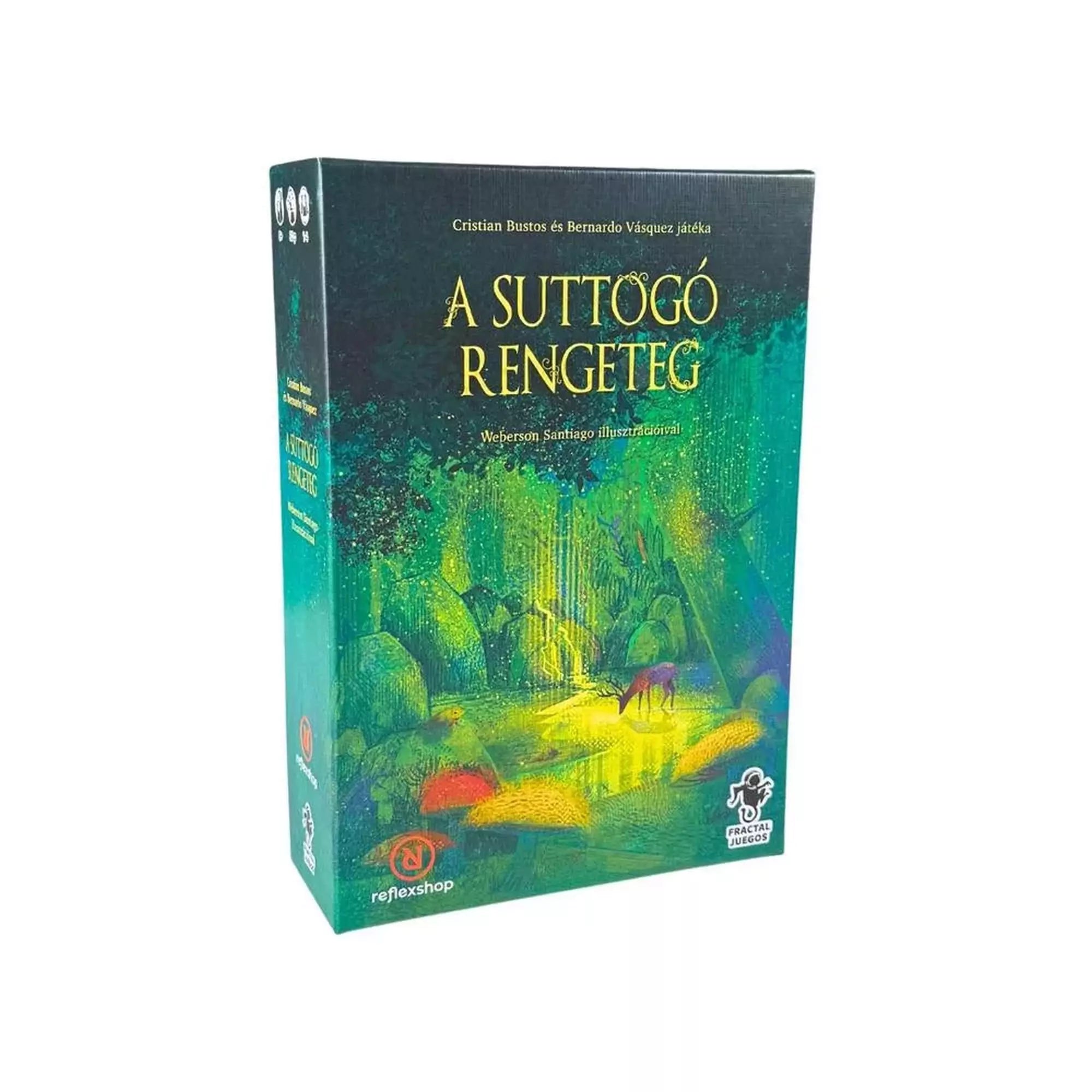 A Suttogó Rengeteg társasjáték doboza, varázslatos erdei jelenettel és a játék címével a zöld háttéren.