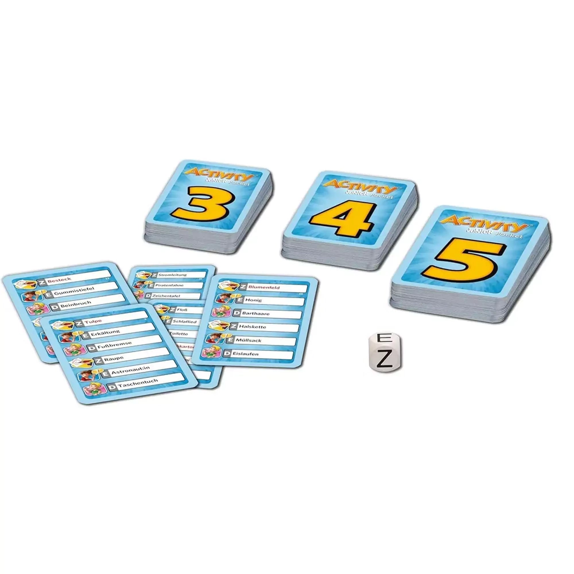 „Az Activity Junior Pocket társasjáték kártyái és különleges dobókockája, több száz feladvánnyal, amely rajzolással, mutogatással és szavakkal játszható.”