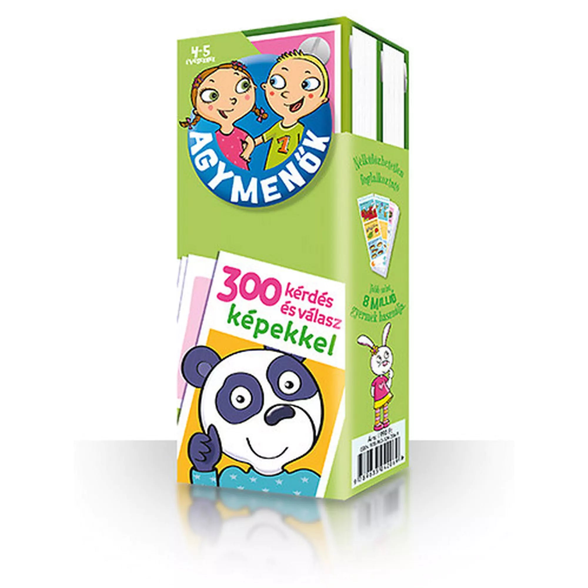 „Agymenők (4–5 éveseknek) – magyar nyelvű foglalkoztató kártyacsomag zöld dobozban, 300 kérdéssel és válasszal, pandás illusztrációval.”