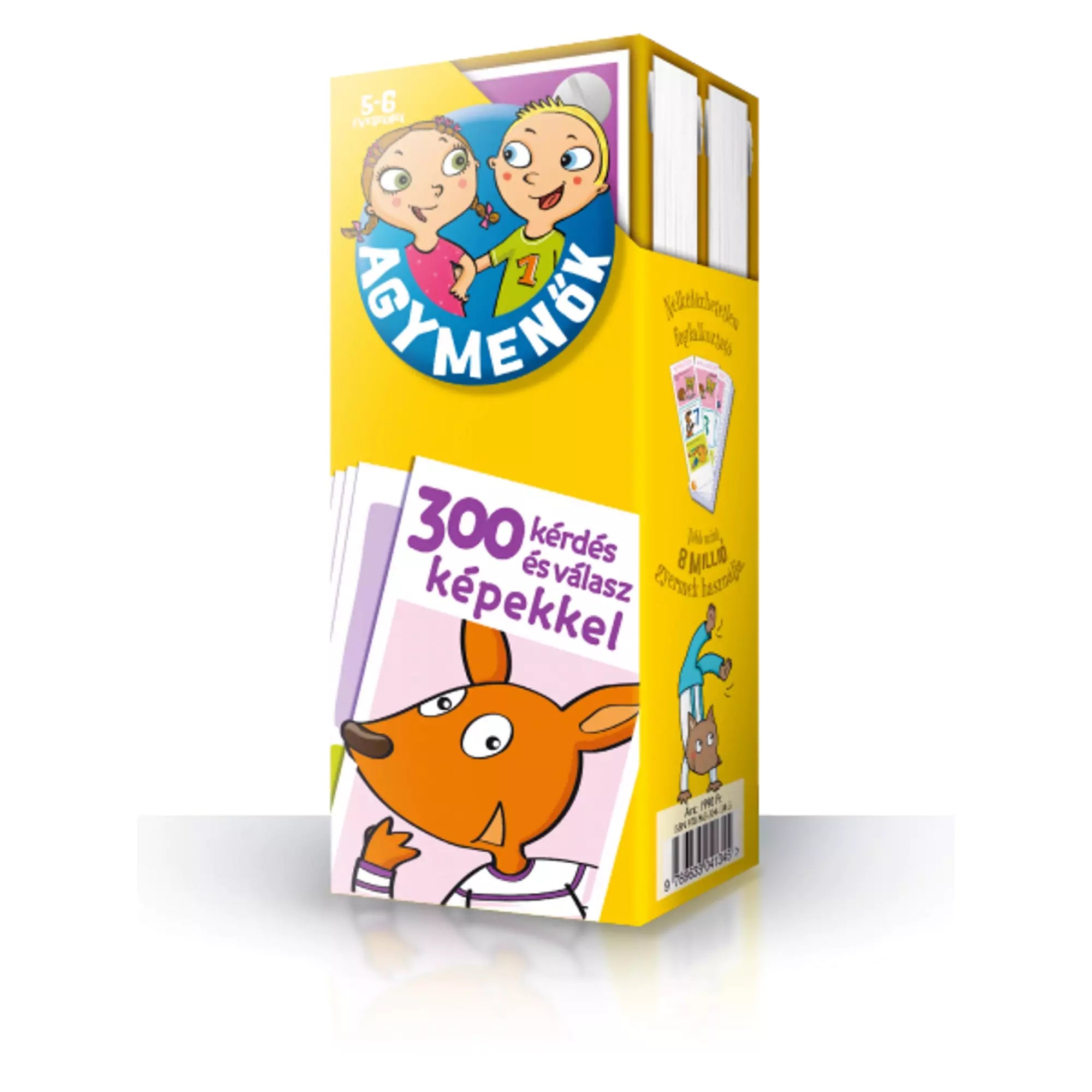 „Agymenők (5–6 éveseknek) – sárga színű, magyar nyelvű foglalkoztató kártyacsomag 300 kérdéssel és válasszal, kengurus illusztrációval.”
