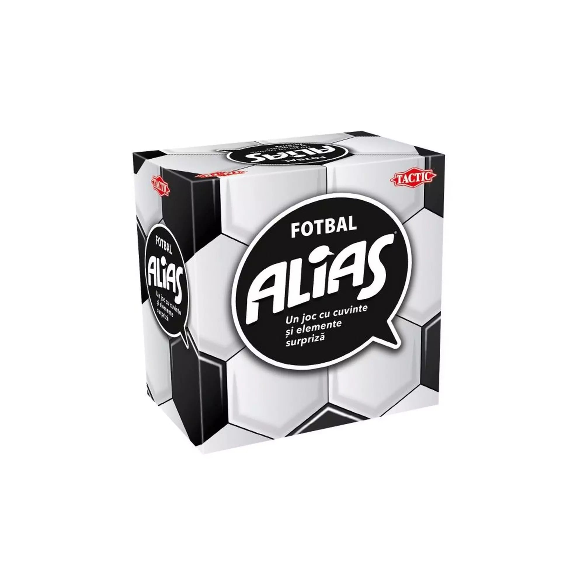Alias Mini Foci társasjáték ikonikus futball-labdás dizájnú doboza látható.