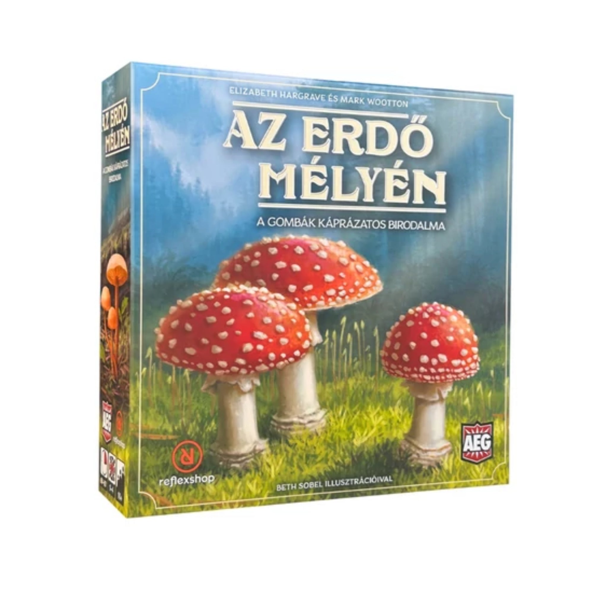 A képen az Az erdő mélyén című társasjáték doboza látható, melynek borítóját élénk, részletgazdag illusztrációk díszítik, köztük látványos piros kalapú gombákkal. A Reflexshop kiadásában megjelent játék a természet és az ökoszisztémák világába kalauzol, különösen a fák és gombák közötti szimbiózis izgalmas kapcsolataira építve. A doboz már önmagában sejteti, hogy egy különleges, stratégiai élmény vár a játékosokra.
