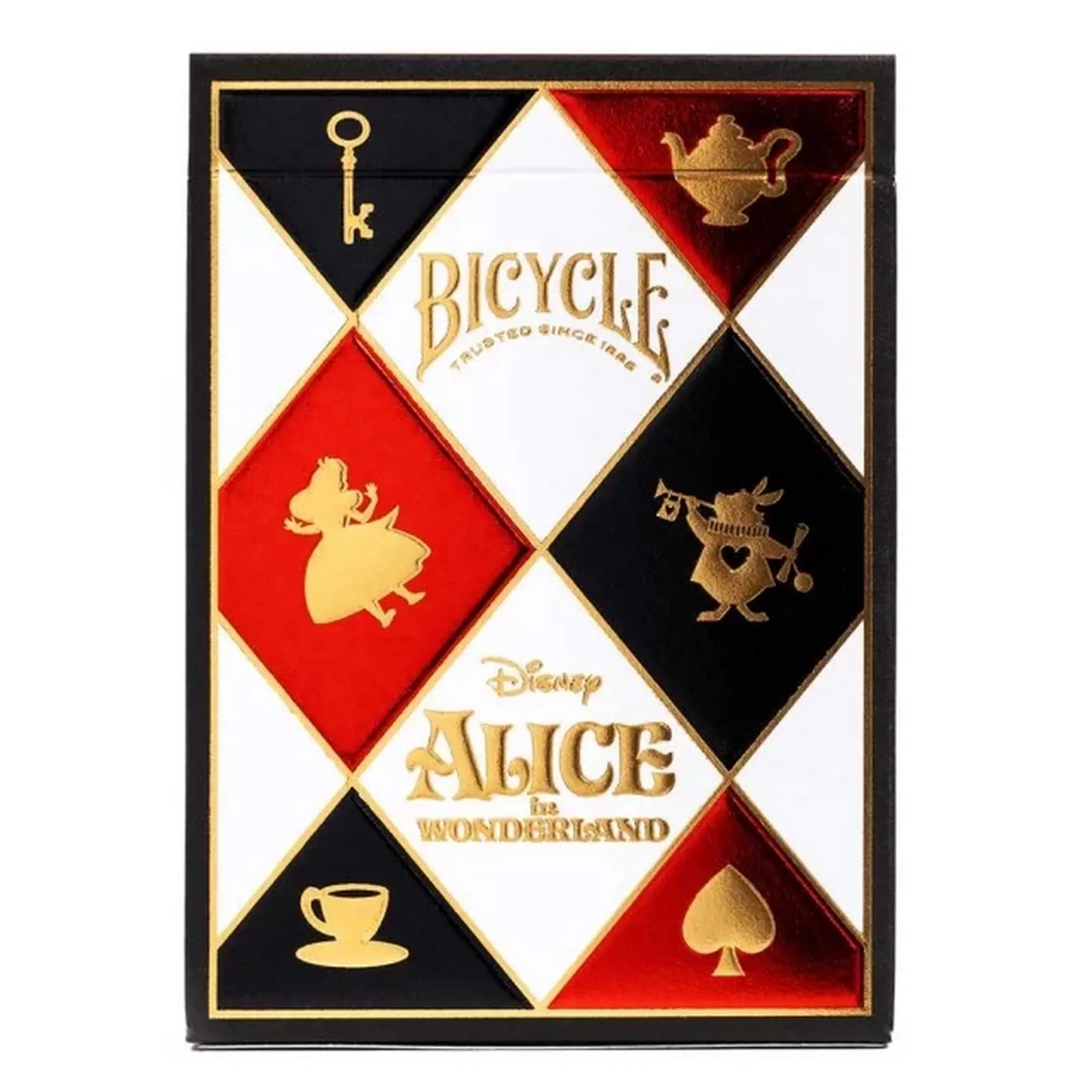 A Bicycle Disney Alice in Wonderland játékkártya doboz előlapja aranyszínű részletekkel és Alice, valamint a Szív katonája sziluettjével.