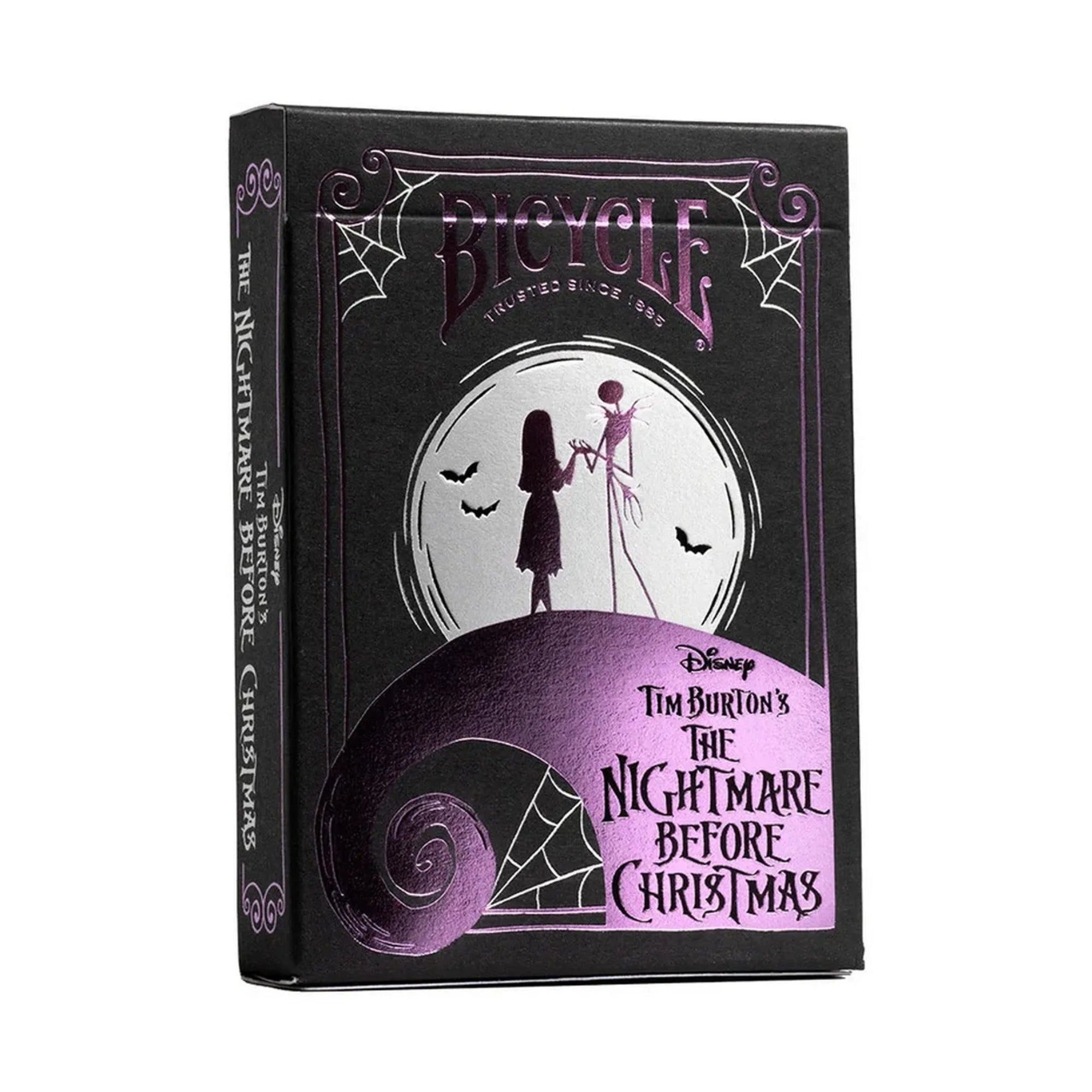 A Bicycle Disney Tim Burton’s The Nightmare Before Christmas kártyapakli fekete-lila doboza Jack és Sally sziluettjével.