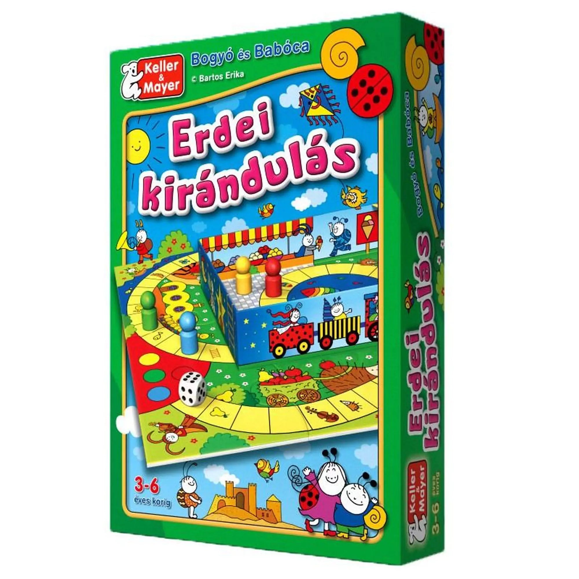 A Bogyó és Babóca Erdei kirándulás doboza színes, vidám grafikával, amelyen a játék pályája és a szereplők is láthatók.