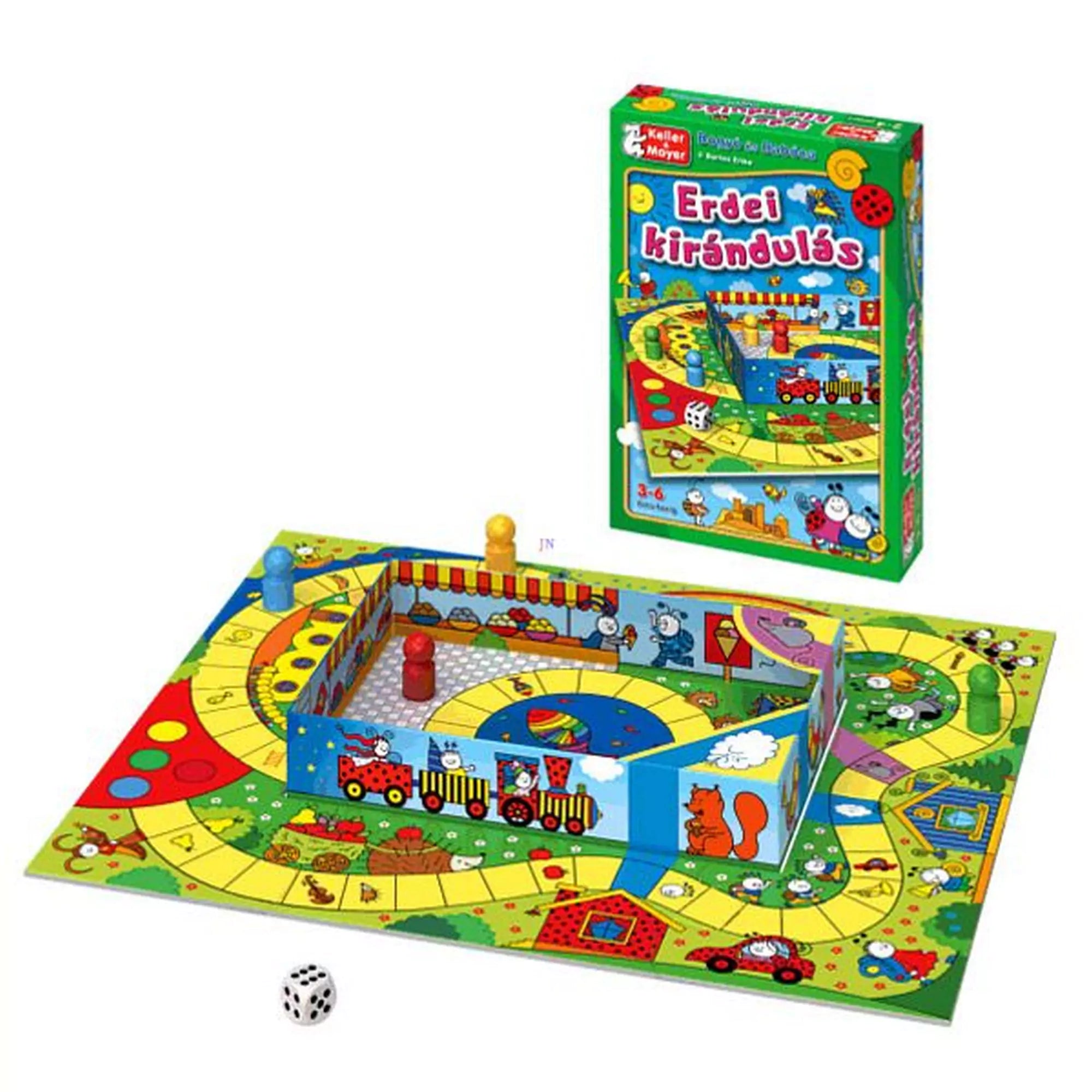 A Bogyó és Babóca Erdei kirándulás társasjáték kinyitva, színes játéktáblával, dobókockával és négy színes bábuval.