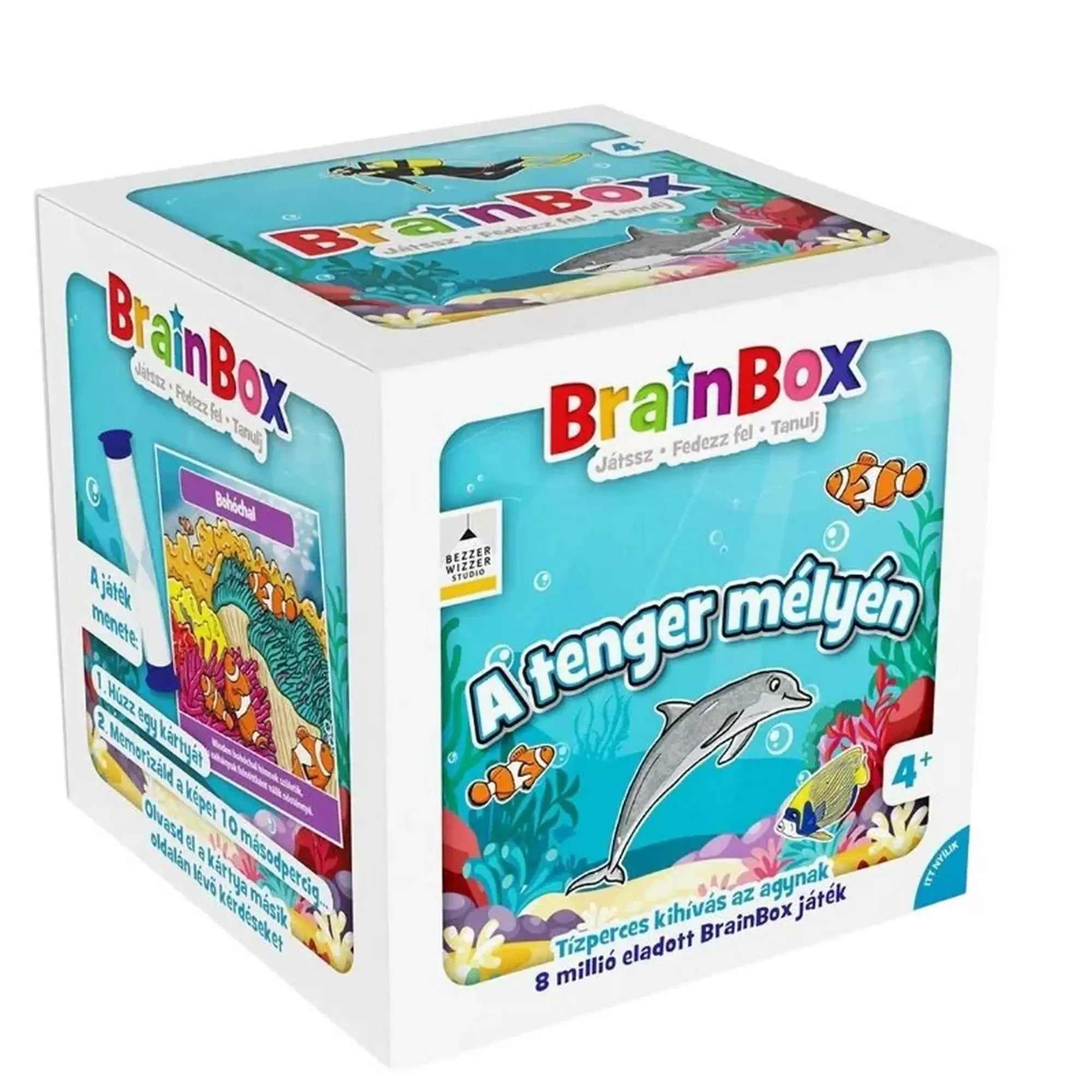 BrainBox A tenger mélyén társasjáték doboz, delfinekkel, bohóchalakkal és színes korallzátonnyal.