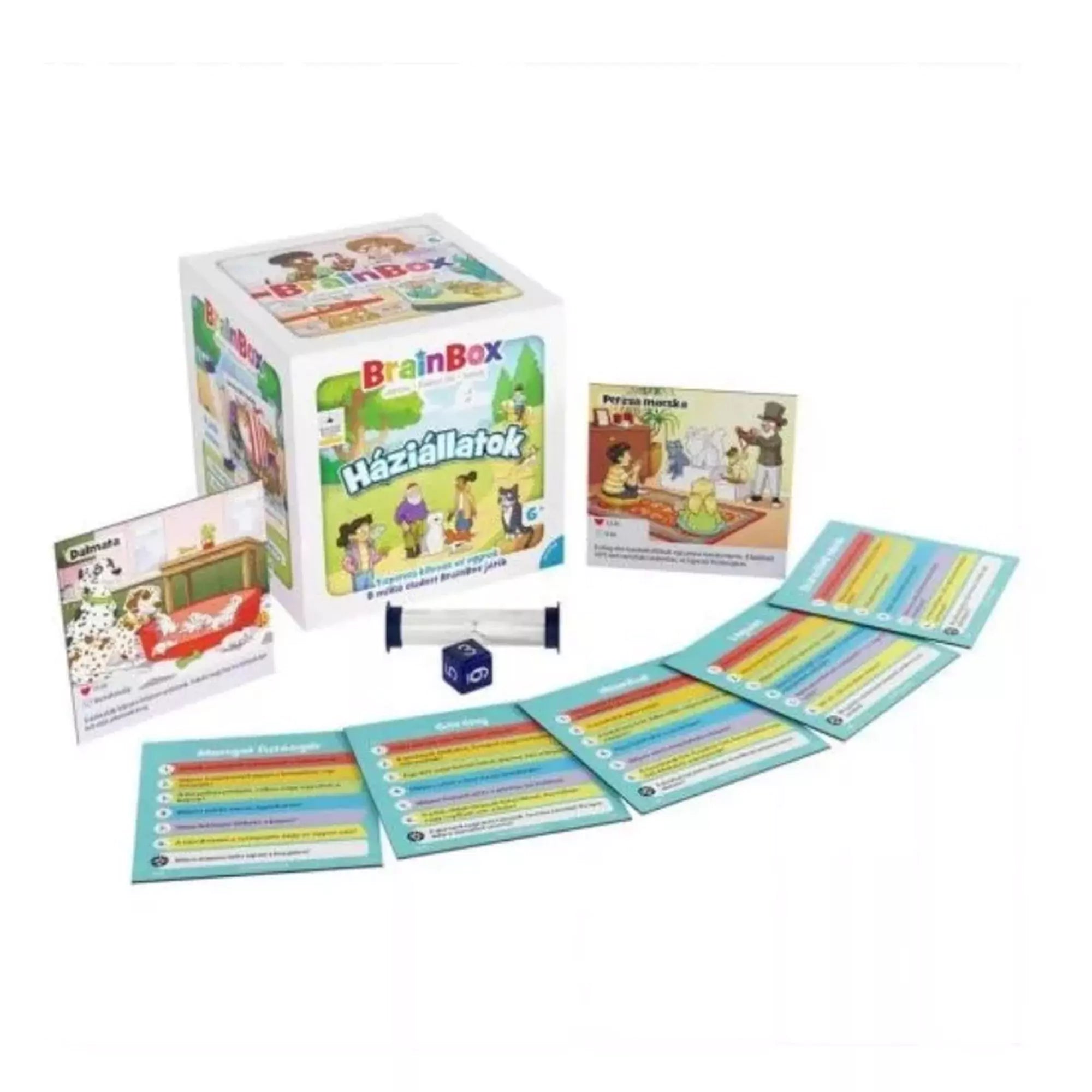 BrainBox Háziállatok doboz, kártyák, dobókocka és homokóra bemutatva.